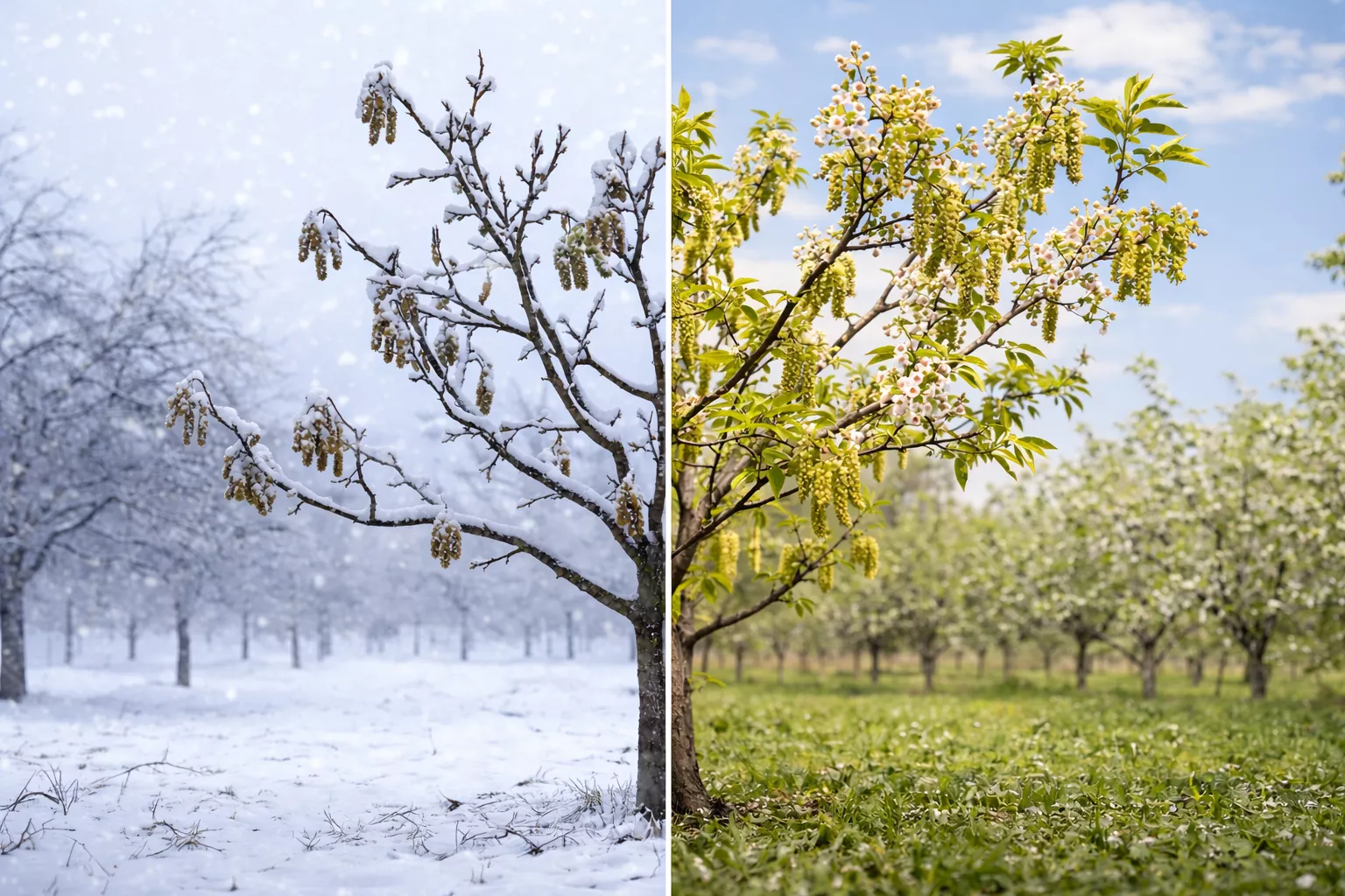 A side-by-side photograph showcasing the transformation of a Chandler walnut tree, with a snow-covered winter scene on the left and a vibrant spring scene with blossoms and green leaves on the right
www.nahalvand.com