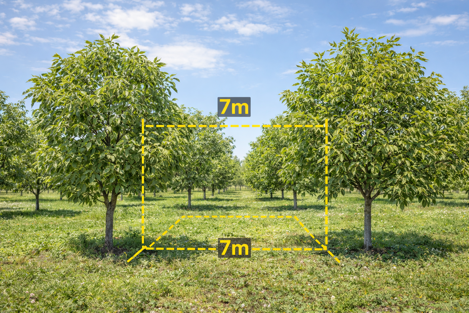 "A row of mature Chandler walnut trees in a sunny orchard, spaced 7x7 meters apart, with a yellow dashed grid marking the recommended planting distance between the trees."