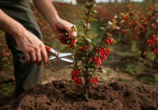 تصویر یک کشاورز در حال هرس نهال زرشک در باغ زرشک با دقت بالا و استفاده از قیچی مخصوص، در حالی که نهال زرشک با میوه‌های قرمز و برگ‌های سبز در زمین زراعی قرار دارد