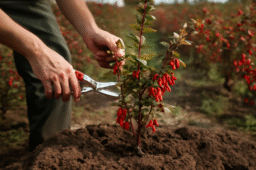 تصویر یک کشاورز در حال هرس نهال زرشک در باغ زرشک با دقت بالا و استفاده از قیچی مخصوص، در حالی که نهال زرشک با میوه‌های قرمز و برگ‌های سبز در زمین زراعی قرار دارد