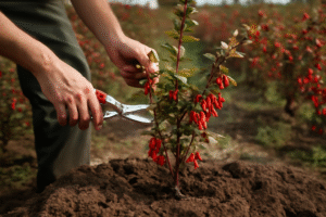 تصویر یک کشاورز در حال هرس نهال زرشک در باغ زرشک با دقت بالا و استفاده از قیچی مخصوص، در حالی که نهال زرشک با میوههای قرمز و برگهای سبز در زمین زراعی قرار دارد
