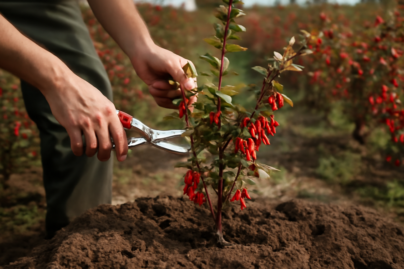 تصویر یک کشاورز در حال هرس نهال زرشک در باغ زرشک با دقت بالا و استفاده از قیچی مخصوص، در حالی که نهال زرشک با میوه‌های قرمز و برگ‌های سبز در زمین زراعی قرار دارد