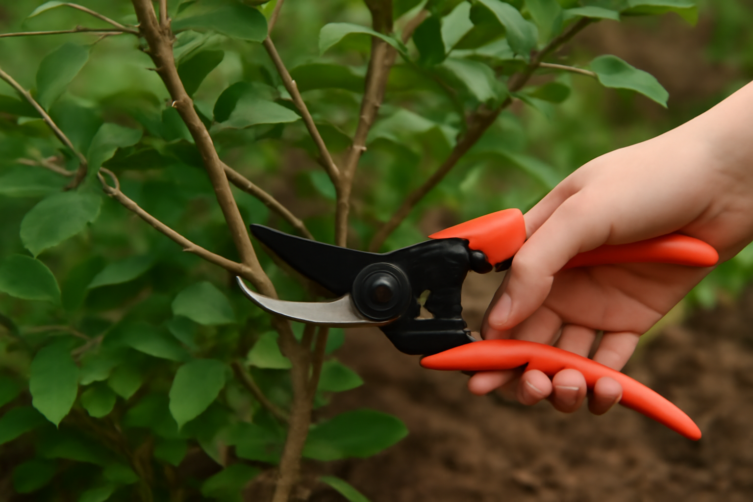 یک دست با قیچی باغبانی نارنجی رنگ در حال هرس یک شاخه نازک از درخت زرشک، در پسزمینهای از برگهای سبز و خاک نرم www.nahalvand.com