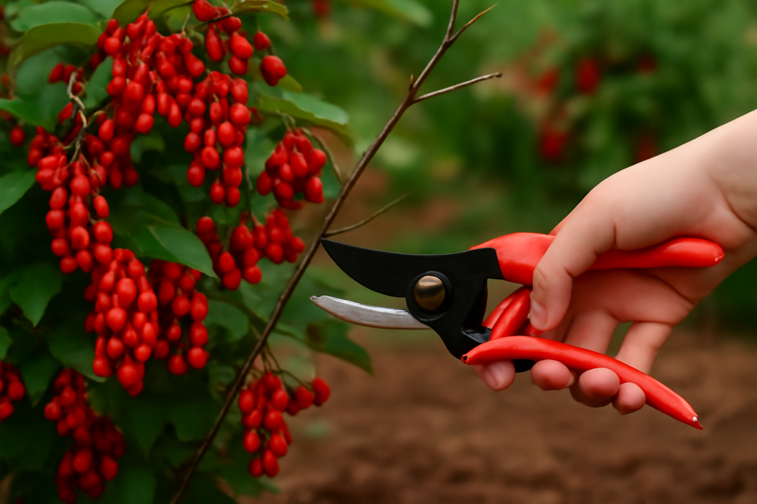 دست با قیچی باغبانی در حال هرس یک شاخه نازک از درخت زرشک، در پسزمینهای از میوههای قرمز و برگهای سبز www.nahalvand.com