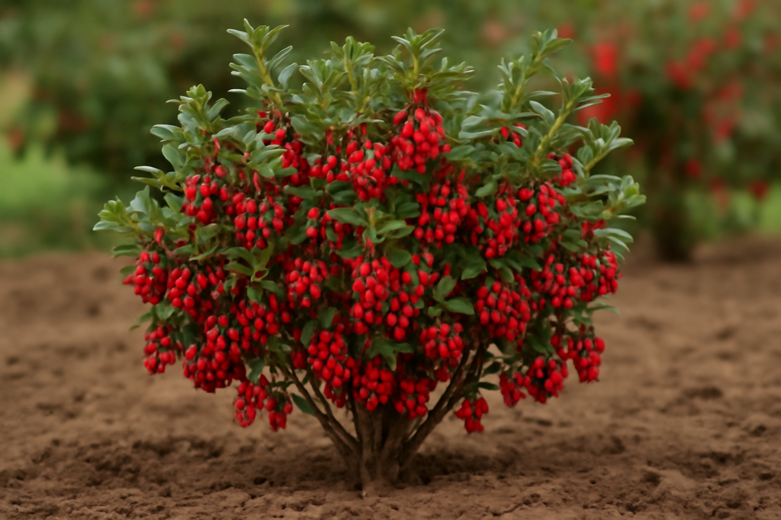 درخت زرشک پر میوه با دستههای قرمز رنگ، درخت در خاک نرم و تازه شخمزده قرار دارد www.nahalvand.com