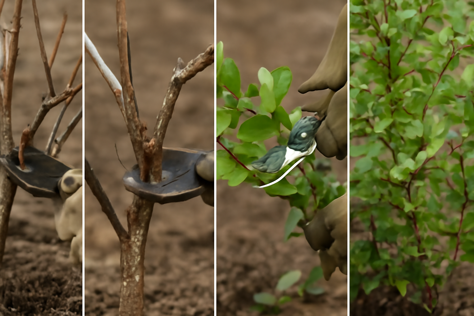 تصویر چهار بخشی از روشهای مختلف هرس نهال زرشک شامل هرس فرمدهی، حفاظتی و سبز، نشاندهندهی اصلاح ساختار و حذف شاخههای ضعیف یا بیمار.www.nahalvand.com