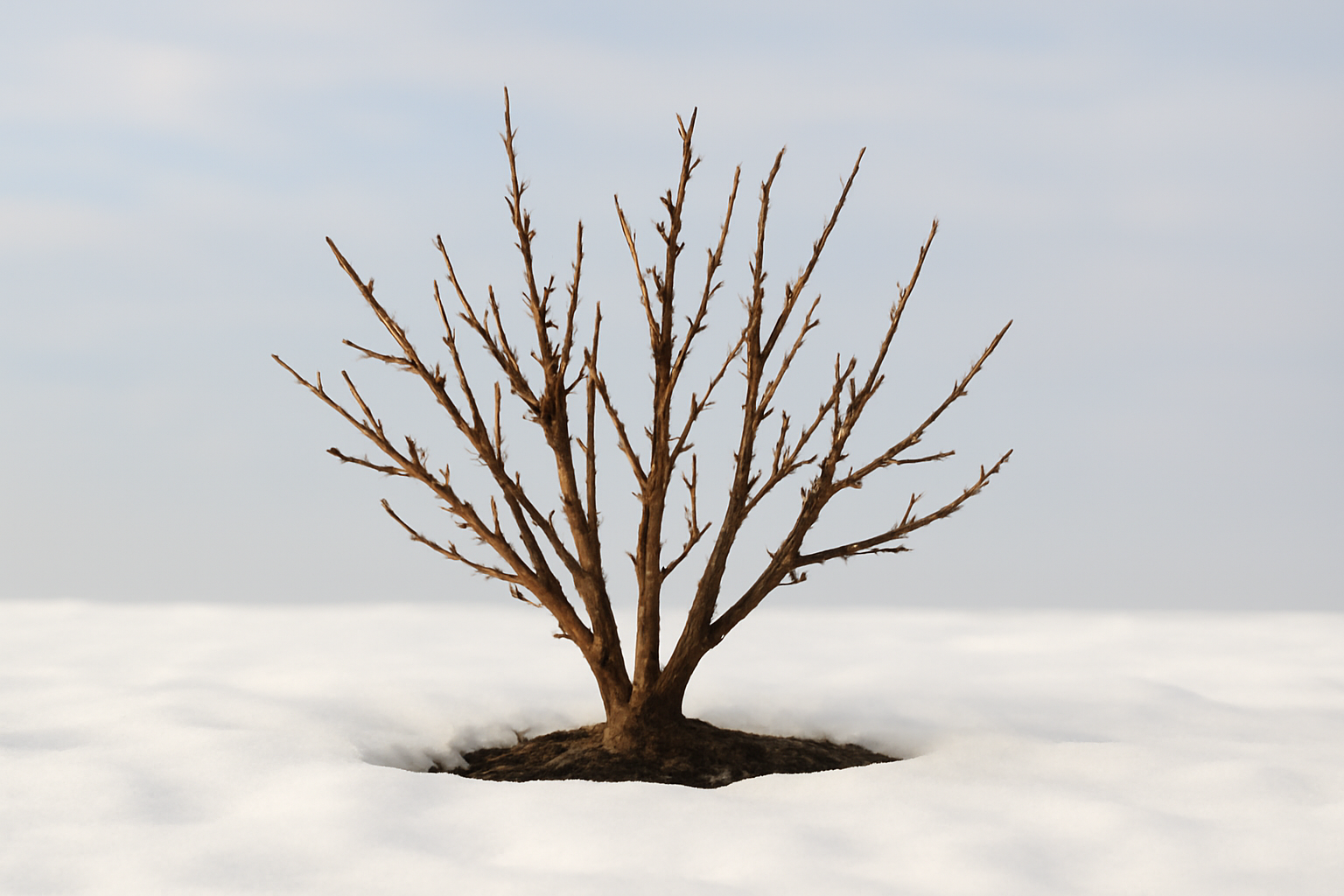 درخت زرشک بدون برگ در زمستان با شاخههای خشک و بدون برگ در پسزمینهای از برف و آسمان آبی. www.nahalvand.com