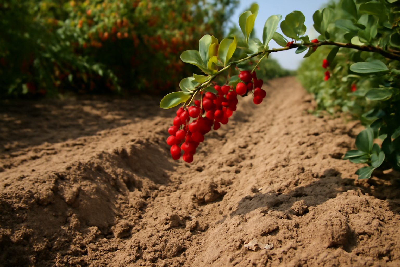 شاخه‌ای از درخت زرشک با دانه‌های قرمز روشن که در کنار خاک شنی-لومی کشاورزی قرار دارد. زمینه تصویر شامل ردیف‌های درختان زرشک است که در دوردست محو شده‌اند و نور طبیعی روشن بر روی تصویر تابیده است. www.nahalvand.com