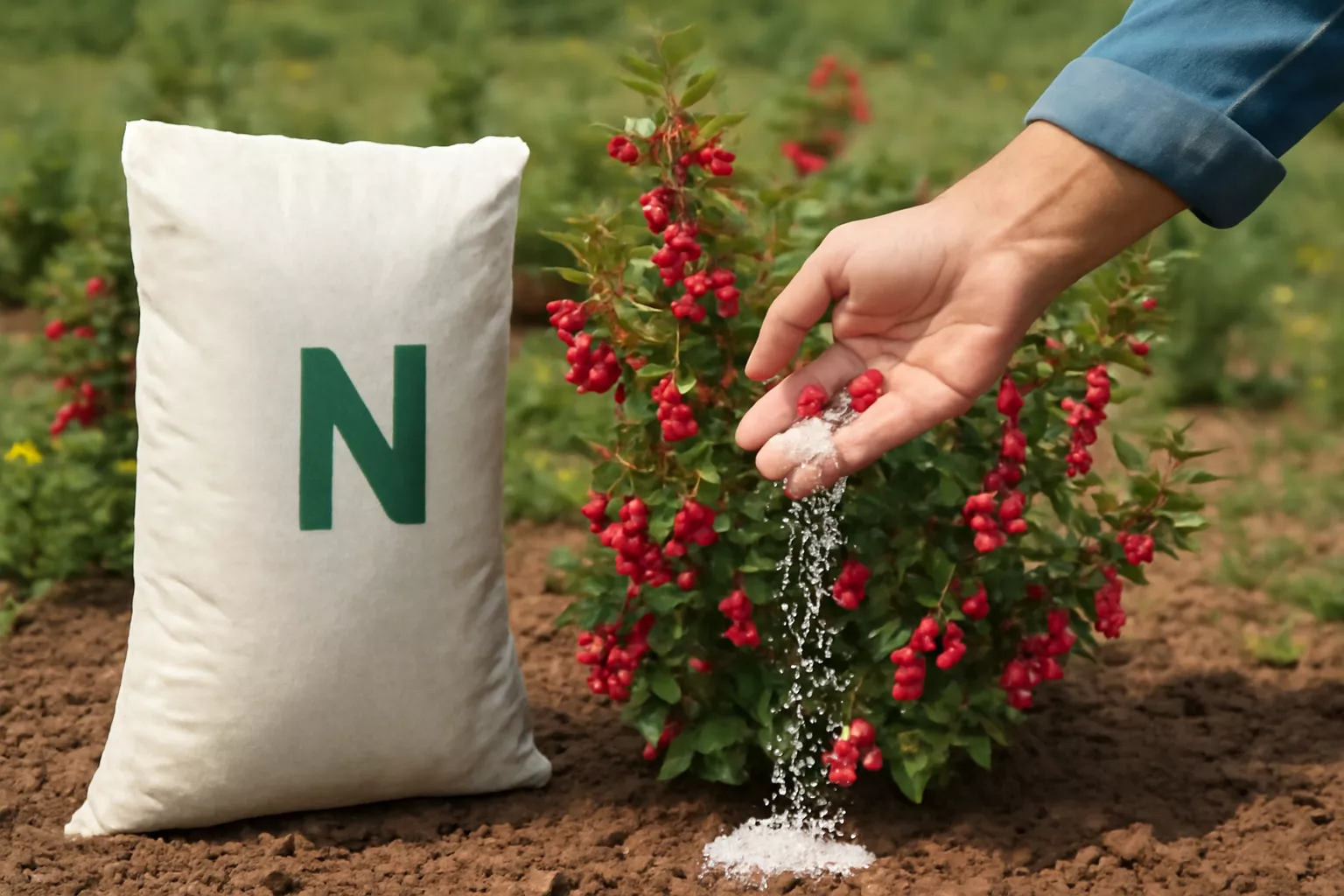 در تصویر اصلی، فردی در حال پاشیدن کود شیمیایی است (که با حرف "N" روی بسته شناخته می‌شود) به سمت یک نهال زرشک با میوه‌های قرمز. این تصویر معمولاً برای نشان دادن نحوه استفاده از کودهای نیتروژنی یا فرآیند کوددهی در کشاورزی است. www.nahalvand.com