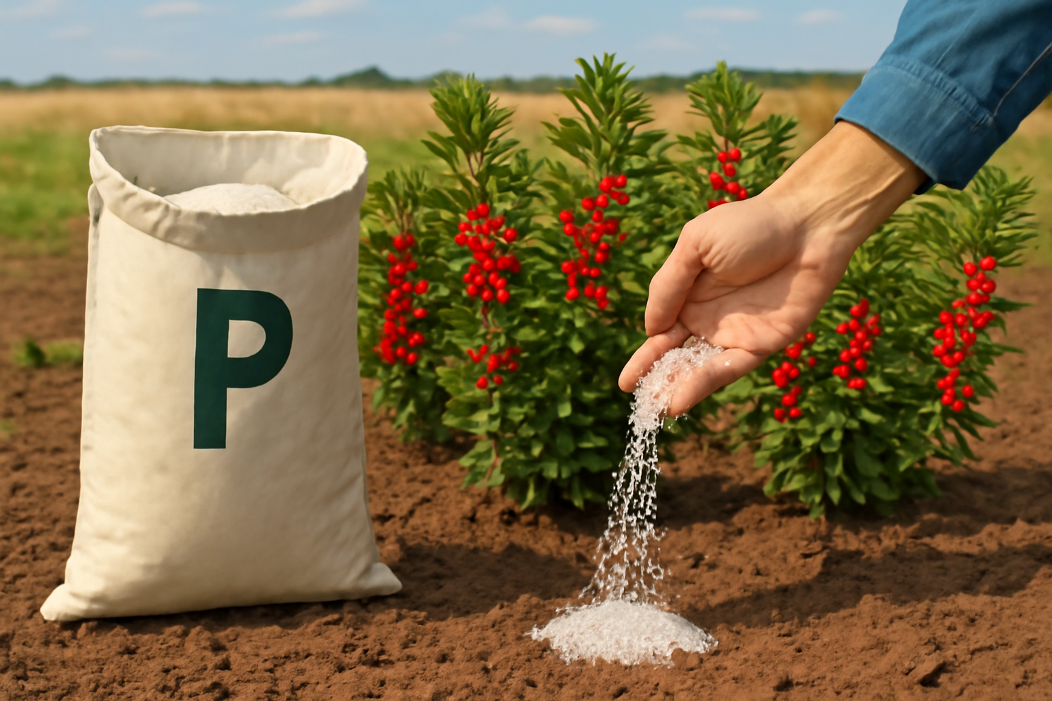 در این تصویر یک باغبان در حال پاشیدن کود فسفره به زمین اطراف بوته‌های زرشک است. در جلو، یک کیسه پارچه‌ای بزرگ با حرف سبز "P" قرار دارد، که نمایانگر کود فسفره است. دست باغبان که آستین‌های پیراهنش تا زده شده، دانه‌های سفید رنگ کود را به آرامی روی خاک تازه شخم زده می‌ریزد. در پس‌زمینه بوته‌های زرشک با میوه‌های قرمز روشن دیده می‌شود. نور طبیعی از آسمان صاف و آفتابی به تصویر تابیده و صحنه را روشن و دلنشین کرده است. www.nahalvand.com