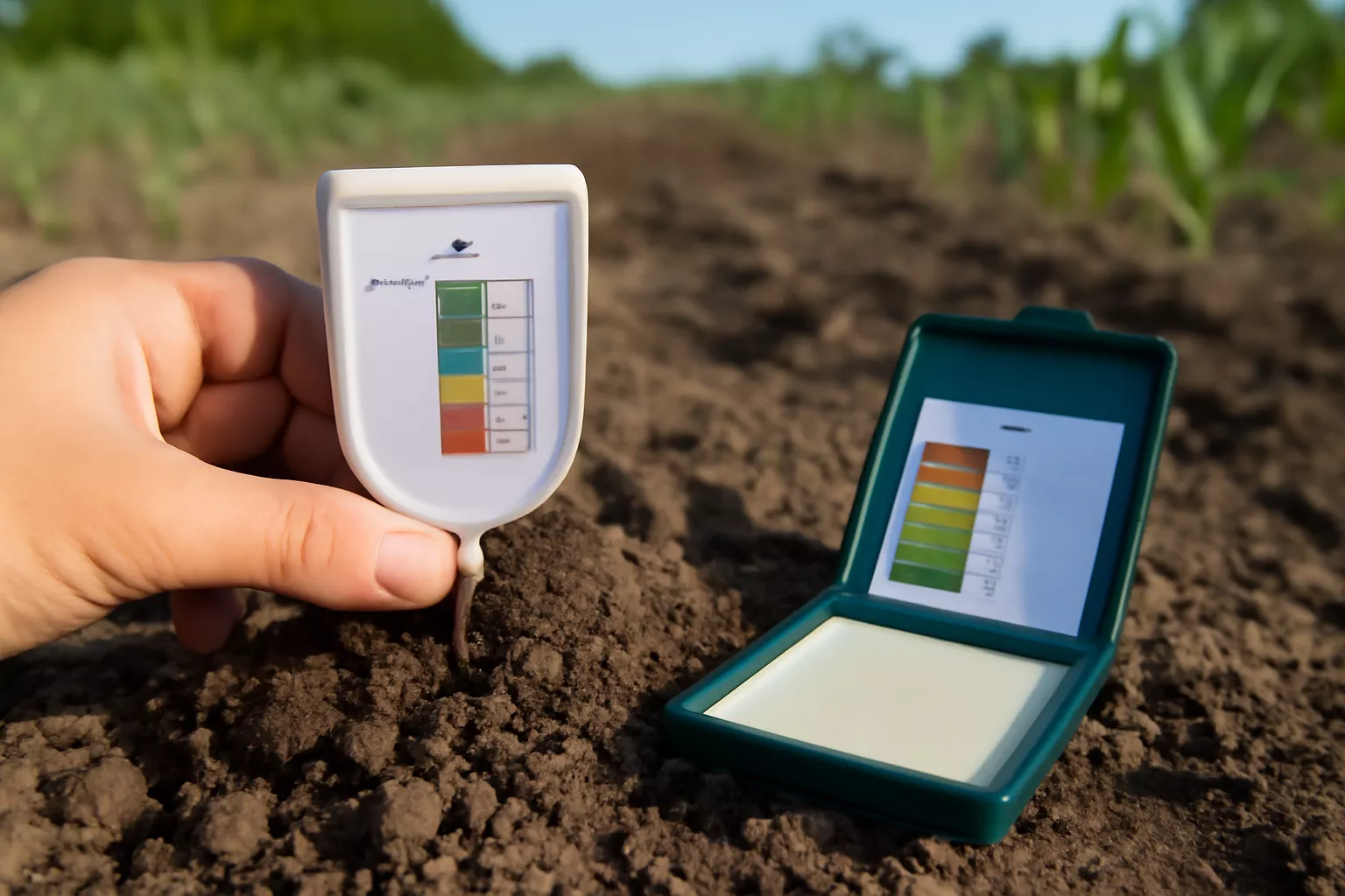 یک آزمایش pH خاک در حال انجام است، جایی که دست یک نفر دستگاه اندازه‌گیری pH را در خاک مرطوب و قهوه‌ای روشن قرار داده است. در کنار دستگاه، یک جعبه با مقیاس رنگی برای نشان دادن میزان pH خاک قرار دارد. پس‌زمینه تصویر شامل ردیف‌هایی از گیاهان جوان است که در نور طبیعی روشن به وضوح دیده می‌شوند. www.nahalvand.com