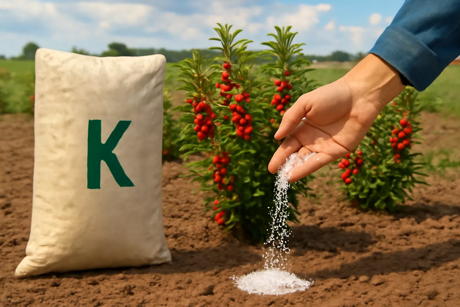 در این تصویر، یک باغبان در حال پاشیدن کود پتاسه به سمت بوته‌های زرشک است. در پیش‌زمینه یک کیسه پارچه‌ای بزرگ با حرف سبز "K" بر روی آن قرار دارد، که نشان‌دهنده کود پتاسه است. دست باغبان که آستین‌های پیراهنش بالا زده شده، دانه‌های سفید کود را به آرامی بر روی خاک تازه شخم زده می‌ریزد. بوته‌های زرشک با میوه‌های قرمز و درخشان در پس‌زمینه دیده می‌شوند. فضای اطراف با تپه‌های سایه‌دار و آسمان نیمه‌ابری تکمیل می‌شود، که نمایی آرام و طبیعی از یک مزرعه را ارائه می‌دهد. www.nahalvand.com
