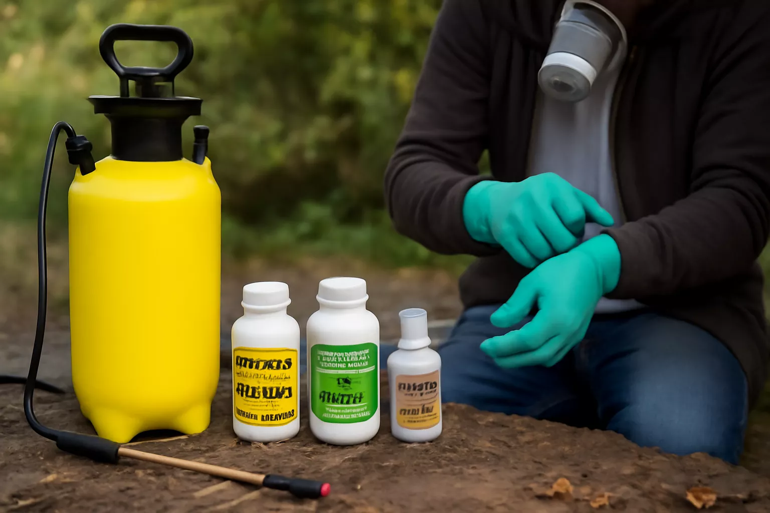 یک فرد در حال آماده‌سازی سم‌پاش زرد رنگ برای استفاده در فضای باز است. این فرد دستکش‌های سبز رنگ پوشیده و یک ماسک تنفسی به صورت دارد. سه بطری سم در کنار سم‌پاش قرار دارند که شامل دیازینون، کاپتان و آکترین هستن www.nahalvand.com