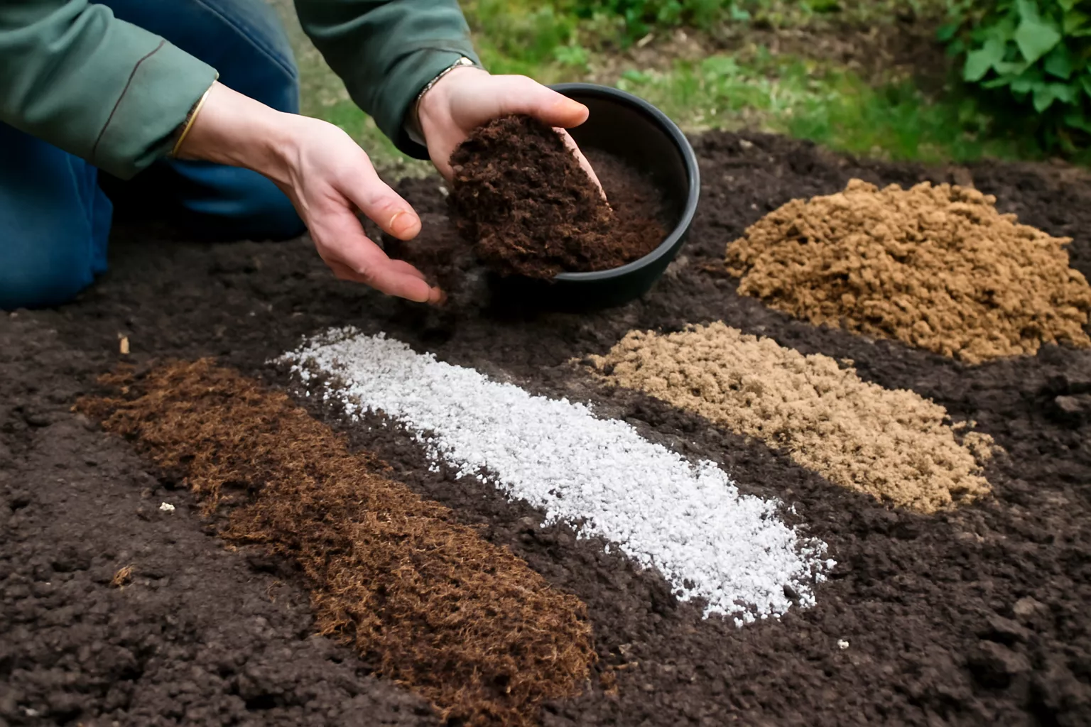 در تصویر یک باغ روشن و آفتابی دیده می‌شود که در آن دستان یک فرد، کمپوست پوسیده و دیگر مواد اصلاحی خاک را بر روی خاک تازه شخم زده پخش می‌کند. مواد اصلاحی شامل خاکستر درشت، پرلیت و ورمی‌کولیت به صورت مرتب در ردیف‌هایی بر روی خاک قرار گرفته‌اند. این تصویر به وضوح جزئیات مواد خاکی و افزودنی‌ها را نشان می‌دهد و فضای سبز و خاکی نرم در پس‌زمینه آن به خوبی نمایان است. www.nahalvand.com