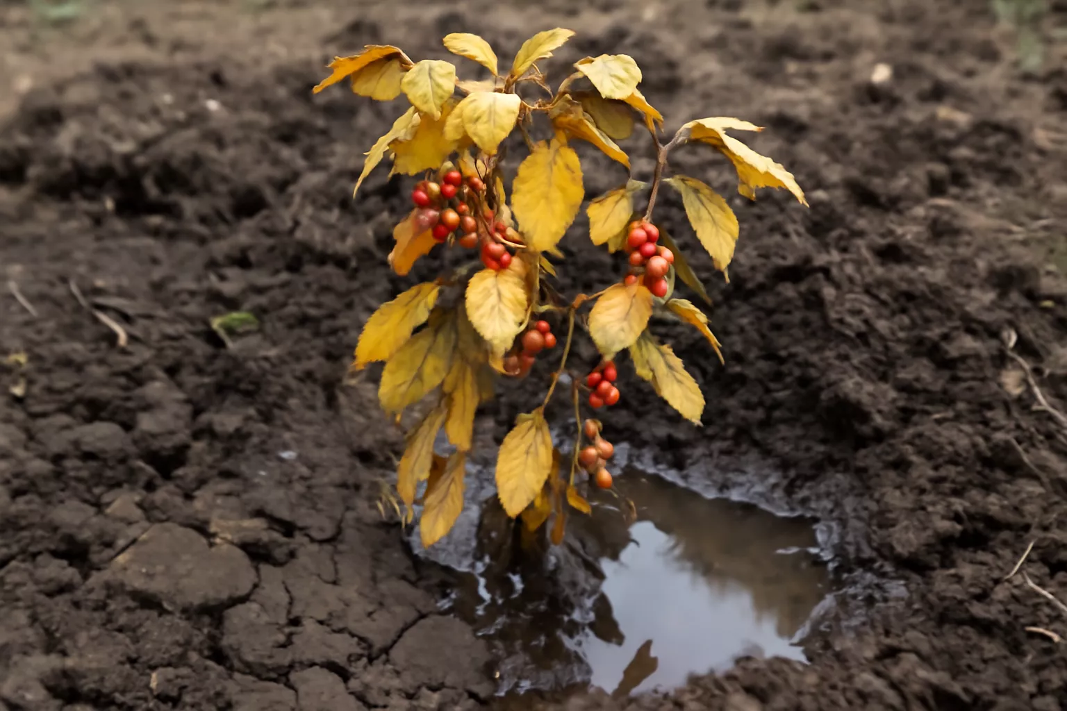 نهال زرشک کوچک با برگهای زرد و قرمز، در کنار یک حفره کوچک پر از آب در خاک خشک www.nahalvand.com