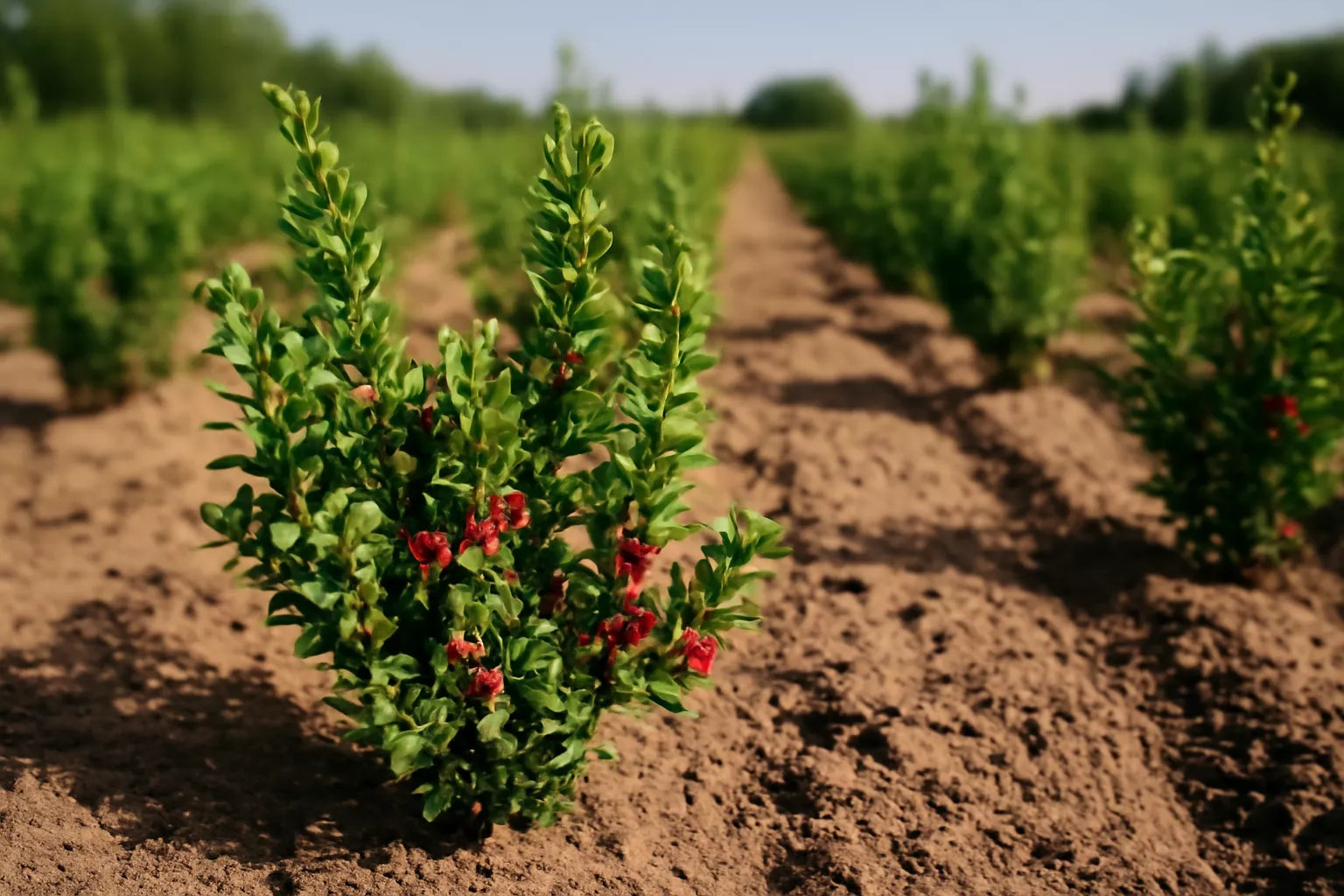 تصویری از یک نهال زرشک کوچک در مزرعه که در حال رشد است، با برگهای سبز و گلهای قرمز رنگ در وسط زمین خاکی www.nahalvand.com