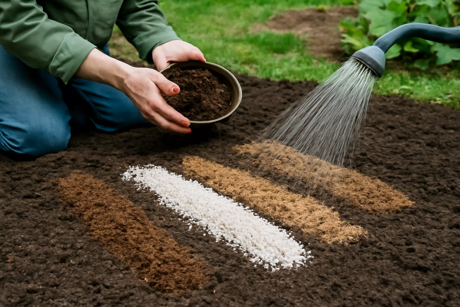 در این تصویر، یک باغبان در حال اصلاح خاک سنگین با استفاده از کمپوست و دیگر مواد اصلاحی است. در دست چپ او یک ظرف سیاه رنگ پر از کمپوست است که به آرامی بر روی خاک پخش می‌کند. همچنین، یک شلنگ سبز رنگ آب به طور ملایم بر روی مواد اصلاحی پاشیده می‌شود و فضای طبیعی باغ، با نور خورشید که جزئیات خاک و مواد افزوده شده را روشن می‌کند، در پس‌زمینه نمایان است. www.nahalvand.com
