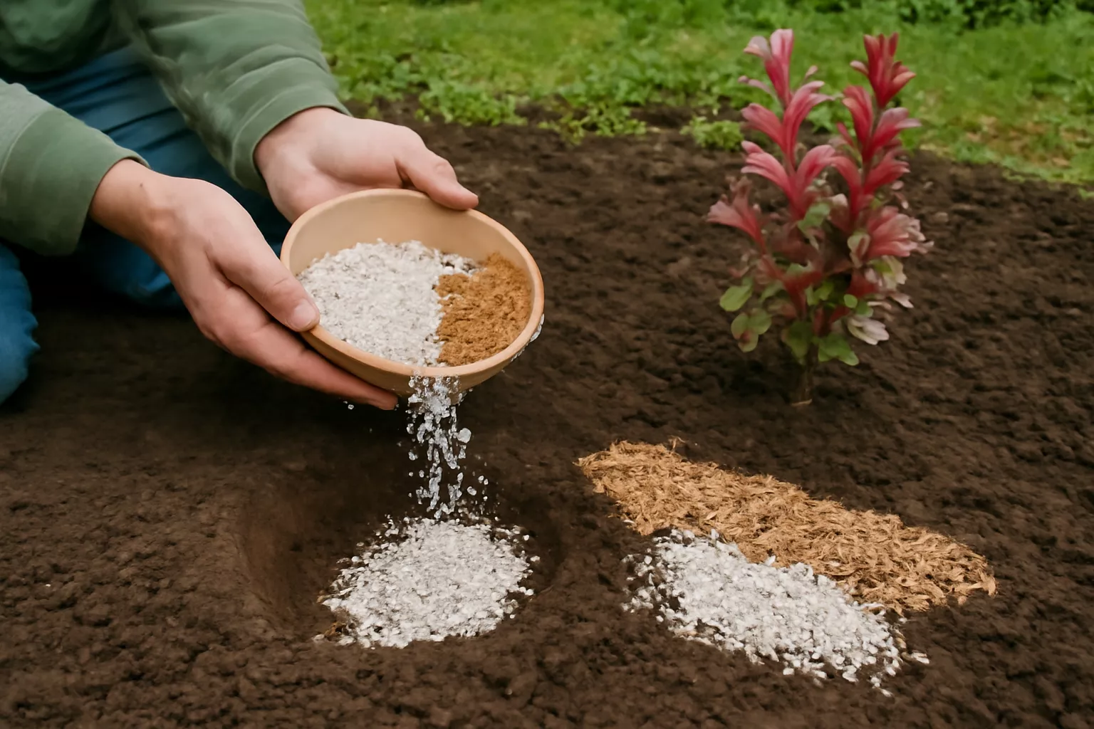 در این تصویر، یک باغبان در حال افزودن پرلیت و ورمی‌کولیت به خاک اطراف یک نهال زرشک است. باغبان در دست چپ خود یک ظرف گرد پر از مواد گرانولی پرلیت و ورمی‌کولیت دارد که به دقت آن‌ها را روی خاک می‌پاشد. نهال زرشک با برگ‌های قرمز و بنفش روشن در پس‌زمینه قرار دارد و نور طبیعی خورشید بر روی خاک و مواد اصلاحی تابیده است. www.nahalvand.com