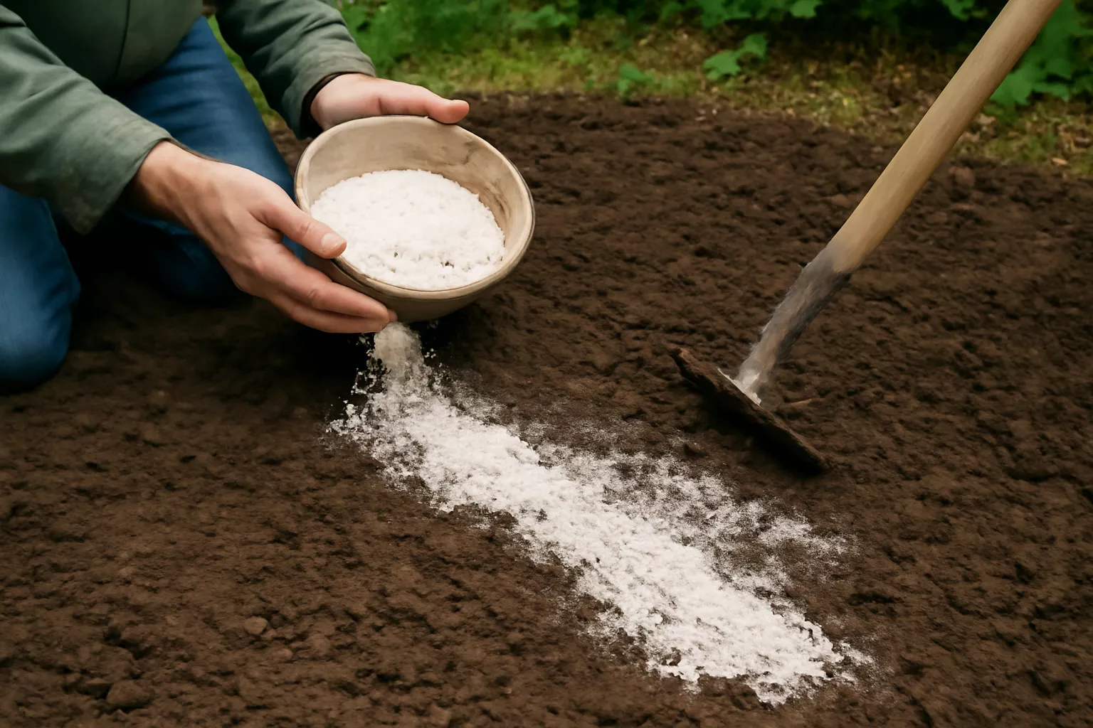 در این تصویر، یک باغبان در حال پخش آهک کشاورزی بر روی خاک تازه شخم زده است. در دست چپ او یک ظرف پر از آهک است که به آرامی آن را روی خاک می‌پاشد. در پس‌زمینه، یک بیل فلزی به چشم می‌خورد که برای مخلوط کردن آهک با خاک استفاده می‌شود. نور طبیعی خورشید بر روی خاک و آهک تابیده و فضای سبز اطراف به زیبایی با رنگ‌های خاکی و گیاهی در تضاد است. www.nahalvand.com