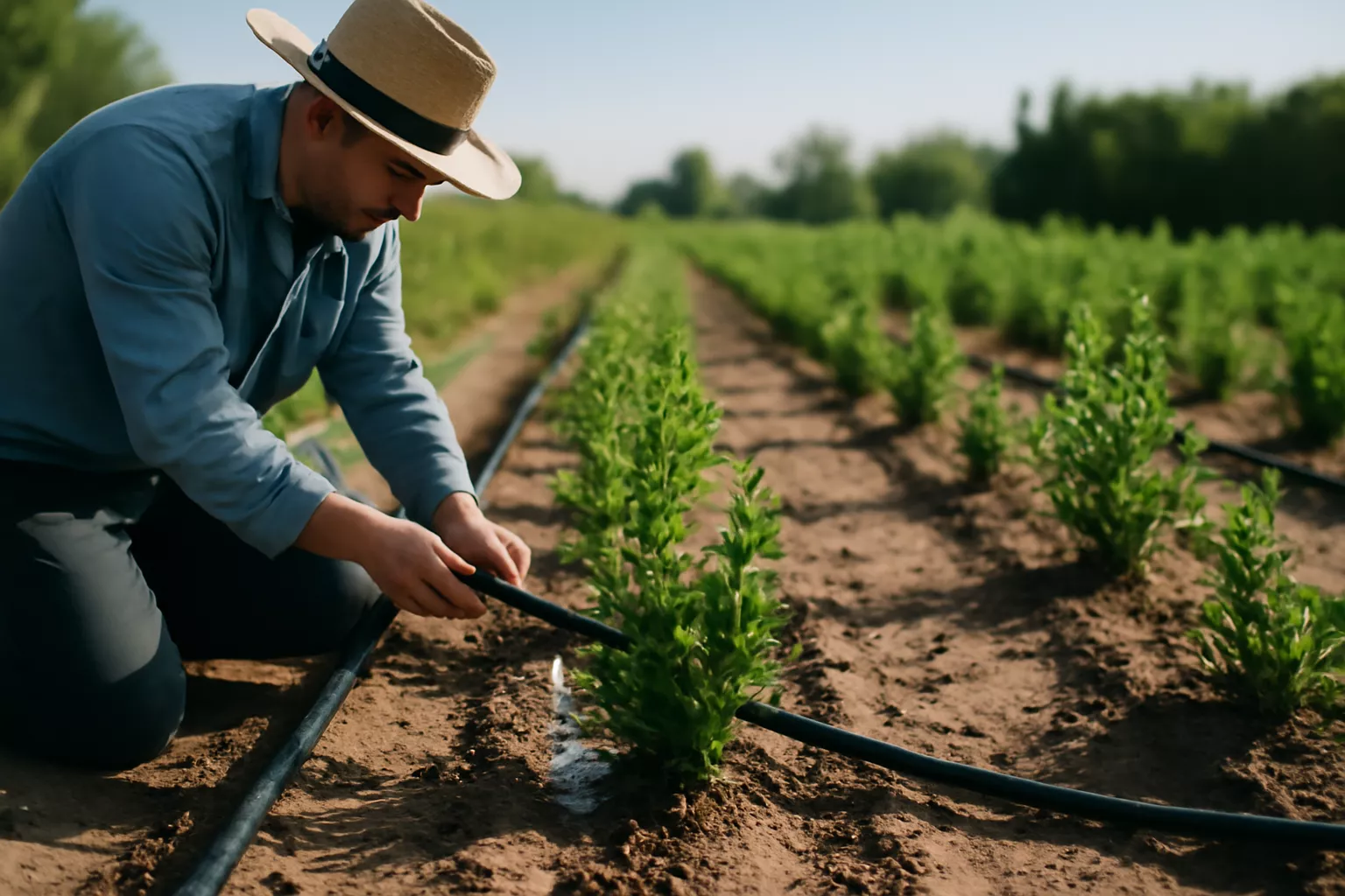 مردی در حال خم شدن و نصب لوله آبیاری در مزرعهای پر از نهالهای سبز www.nahalvand.com