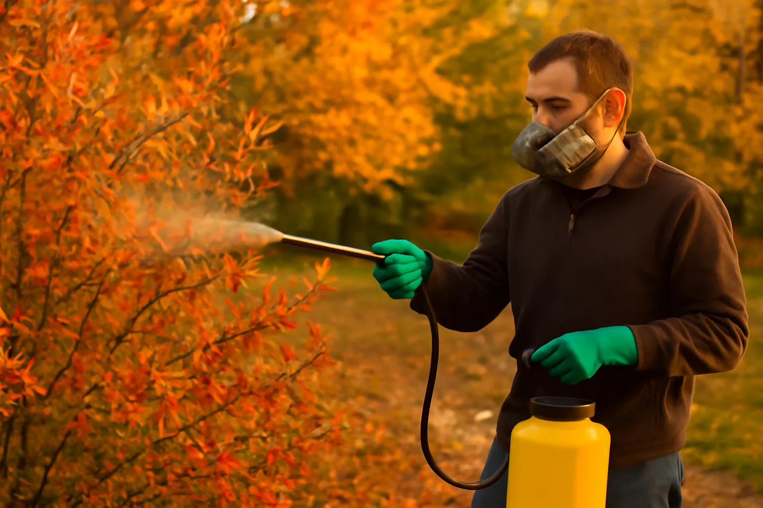 یک مرد در حال اسپری کردن سم روی درختچه زرشک با برگ‌های نارنجی-قرمز رنگ در فضای باز پاییزی است. او دستکش‌های سبز رنگ به دست دارد و ماسک تنفسی به صورت زده است. نور طبیعی از خورشید به این صحنه تابیده و فضای پاییزی با رنگ‌های طلایی و نارنجی در پس‌زمینه دیده می‌شود www.nahalvand.com