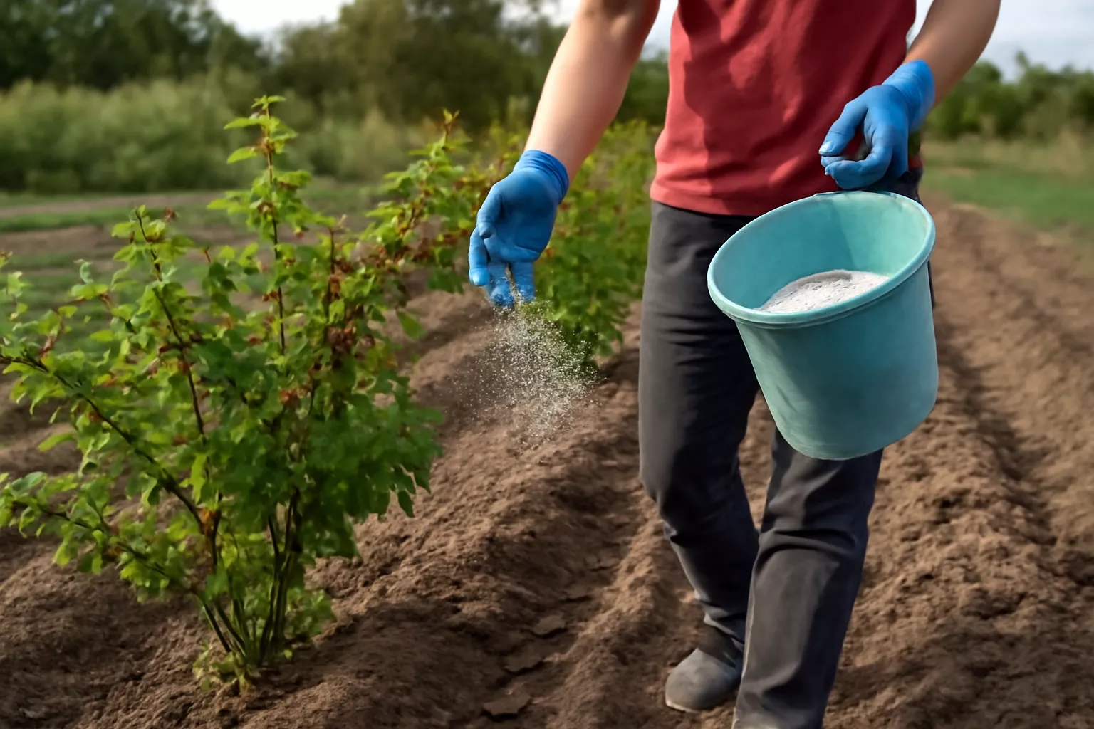 تصویر یک کشاورز را نشان می‌دهد که در حال پخش کود روی خاک تازه شخم‌زده است. کشاورز با پیراهن قرمز و دستکش‌های آبی، یک سطل آبی رنگ پر از کود گرانولی سفید را در دست دارد و در حال پخش آن روی زمین است. در پس‌زمینه، ردیف‌هایی از گیاهان سبز در حال رشد دیده می‌شوند و نور طبیعی از آسمان نیمه ابری بر روی زمین می‌تابد. www.nahalvand.com
