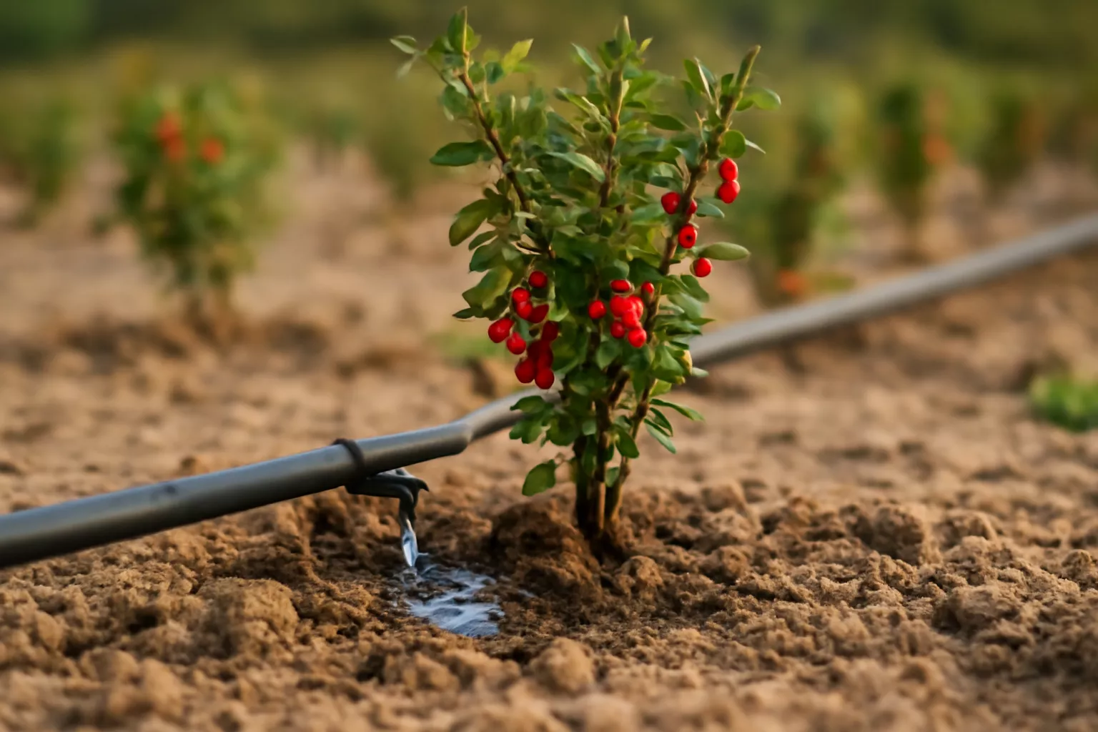 تصویری از یک نهال زرشک که در حال دریافت آب از سیستم آبیاری قطرهای است. گیاه دارای شاخههای سبز و میوههای قرمز است که قطرات آب از لولهی آبیاری به خاک میریزد www.nahalvand.com