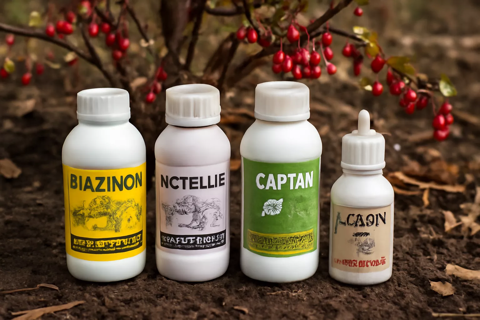 چهار بطری سم کشاورزی شامل دیازینون، اکتیلیک، کاپتان و آکترین روی خاک نامنظم کنار درختچه زرشک با توت‌های قرمز و برگ‌های سبز قرار دارند. بطری‌ها با برچسب‌های مختلف در مرکز تصویر به وضوح دیده می‌شوند و نورپردازی افقی بر روی آنها تأکید دارد. www.nahalvand.com