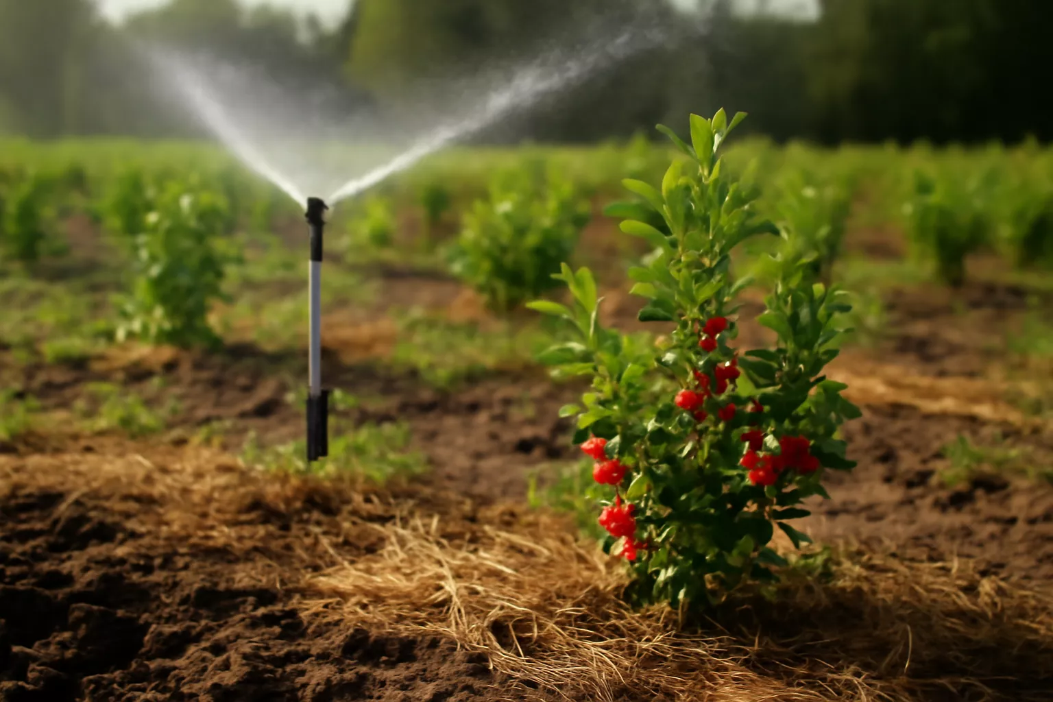 آبپاش در حال پاشیدن آب بر روی نهالهای زرشک با میوههای قرمز، در مزرعهای با خاک مرطوب و مالچپاشی شده. www.nahalvand.com