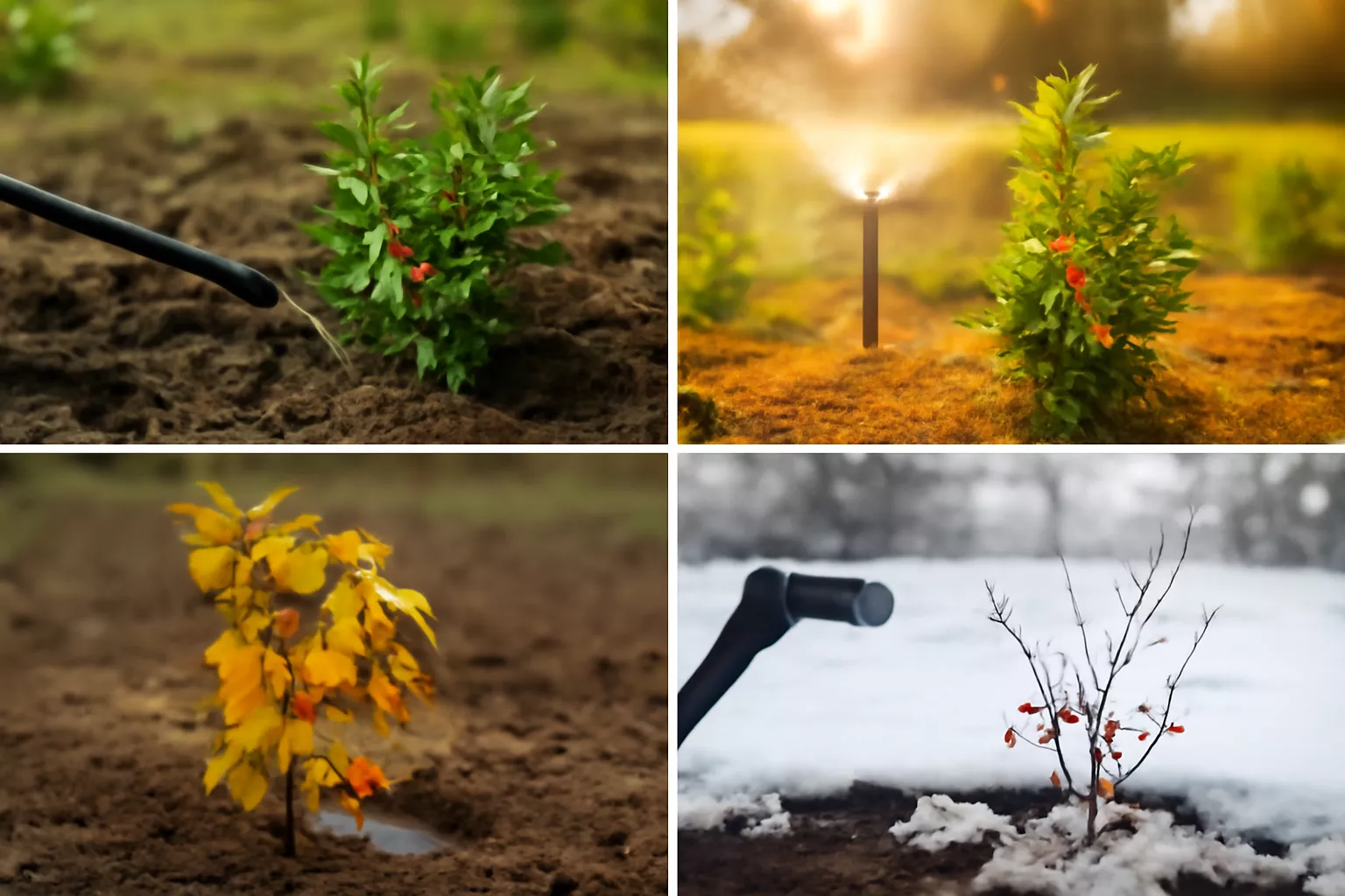 تصویر چهار بخشی از آبیاری نهال زرشک در فصول مختلف سال، از بهار با رشد سبز و آبیاری، تابستان با آبیاری در گرما، پاییز با برگهای زرد و آبیاری کمتر، و زمستان با برف و گیاه خوابیده www.nahalvand.com