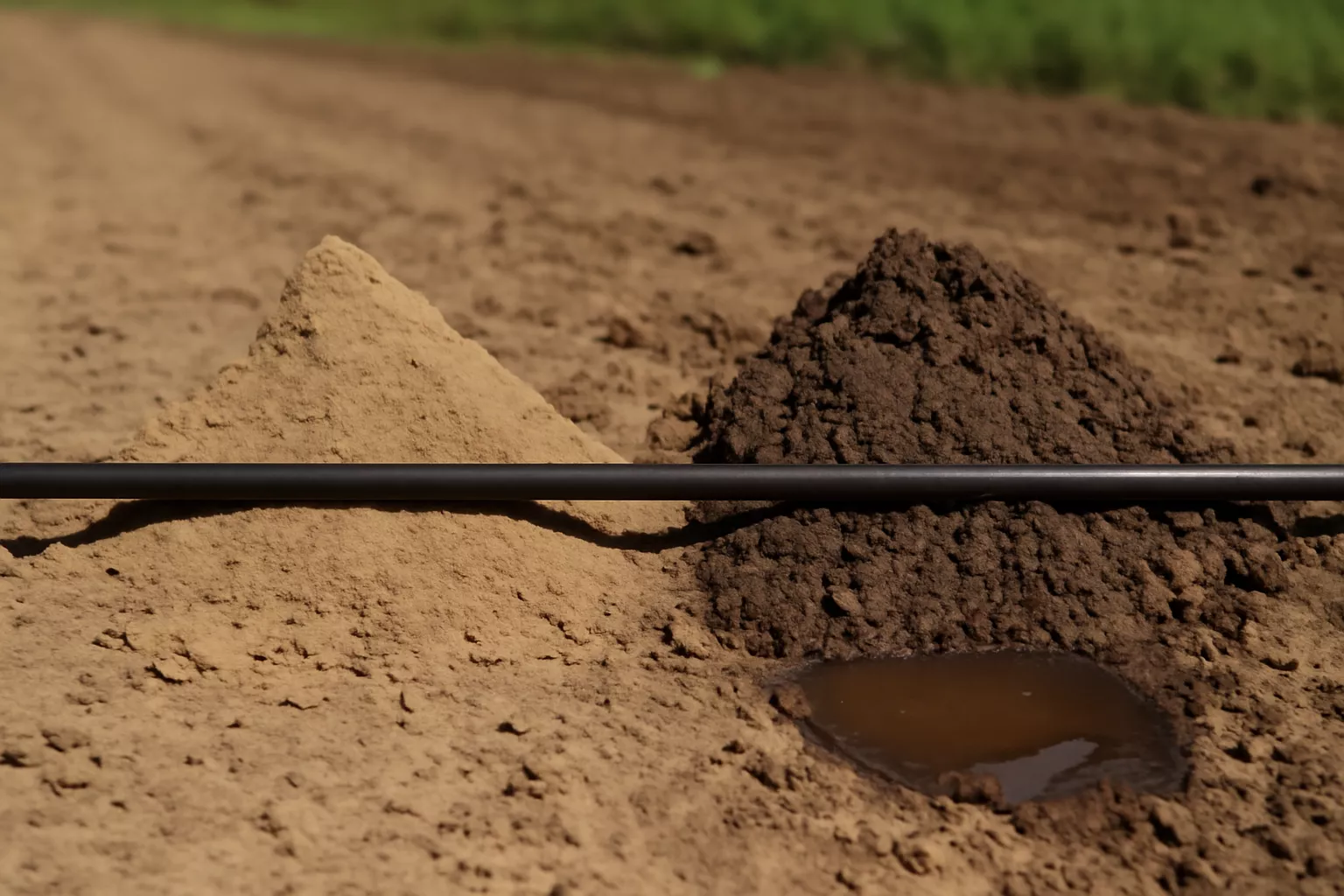 دو تپه خاک به رنگهای روشن و تیره در کنار هم قرار دارند. یک لوله سیاه رنگ به صورت افقی روی این دو تپه قرار دارد. در کنار یکی از تپهها یک برکه کوچک از آب دیده میشود www.nahalvand.com