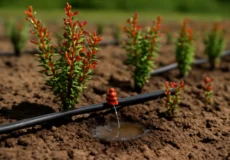 تصویر یک مزرعه با چندین نهال زرشک است که در ردیف‌های منظم کاشته شده‌اند. لوله آبیاری قطره‌ای سیاه رنگ بر روی خاک قرار دارد و هر قطره از لوله به ریشه‌ی نهال‌ها آب می‌رساند. گیاهان دارای برگ‌های سبز با حاشیه‌های قرمزرنگ هستند و در اطراف آنها خاک تازه شخم زده شده به وضوح دیده می‌شود. در نزدیکی لوله، یک تجمع کوچک از آب به چشم می‌خورد www.nahalvand.com