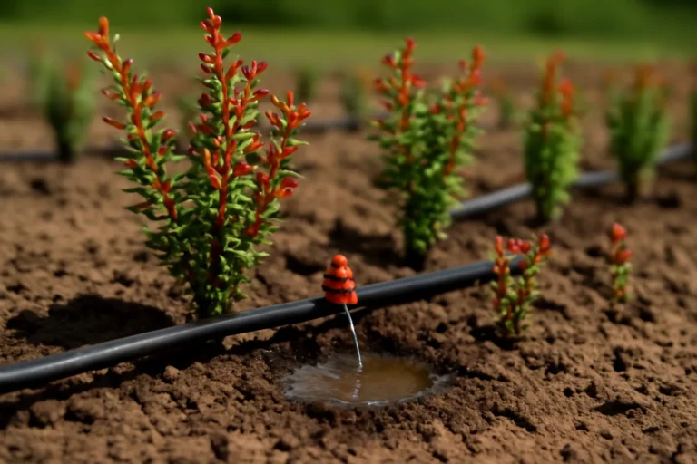 تصویر یک مزرعه با چندین نهال زرشک است که در ردیف‌های منظم کاشته شده‌اند. لوله آبیاری قطره‌ای سیاه رنگ بر روی خاک قرار دارد و هر قطره از لوله به ریشه‌ی نهال‌ها آب می‌رساند. گیاهان دارای برگ‌های سبز با حاشیه‌های قرمزرنگ هستند و در اطراف آنها خاک تازه شخم زده شده به وضوح دیده می‌شود. در نزدیکی لوله، یک تجمع کوچک از آب به چشم می‌خورد www.nahalvand.com