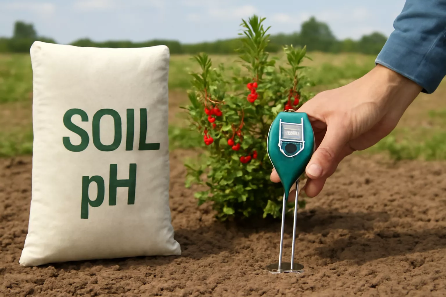 در این تصویر، یک باغبان در حال آزمایش pH خاک است. در پیش‌زمینه، یک کیسه پارچه‌ای با نوشته "SOIL pH" در کنار یک گیج pH قرار دارد که فرد در حال استفاده از آن برای آزمایش خاک است. در کنار آن، بوته‌ای از زرشک با میوه‌های قرمز روشن در حال رشد است. پس‌زمینه تصویر شامل زمین کشاورزی با نور طبیعی خورشید و آسمان صاف و آبی است که به تصویر زیبایی می‌بخشد. www.nahalvand.com 