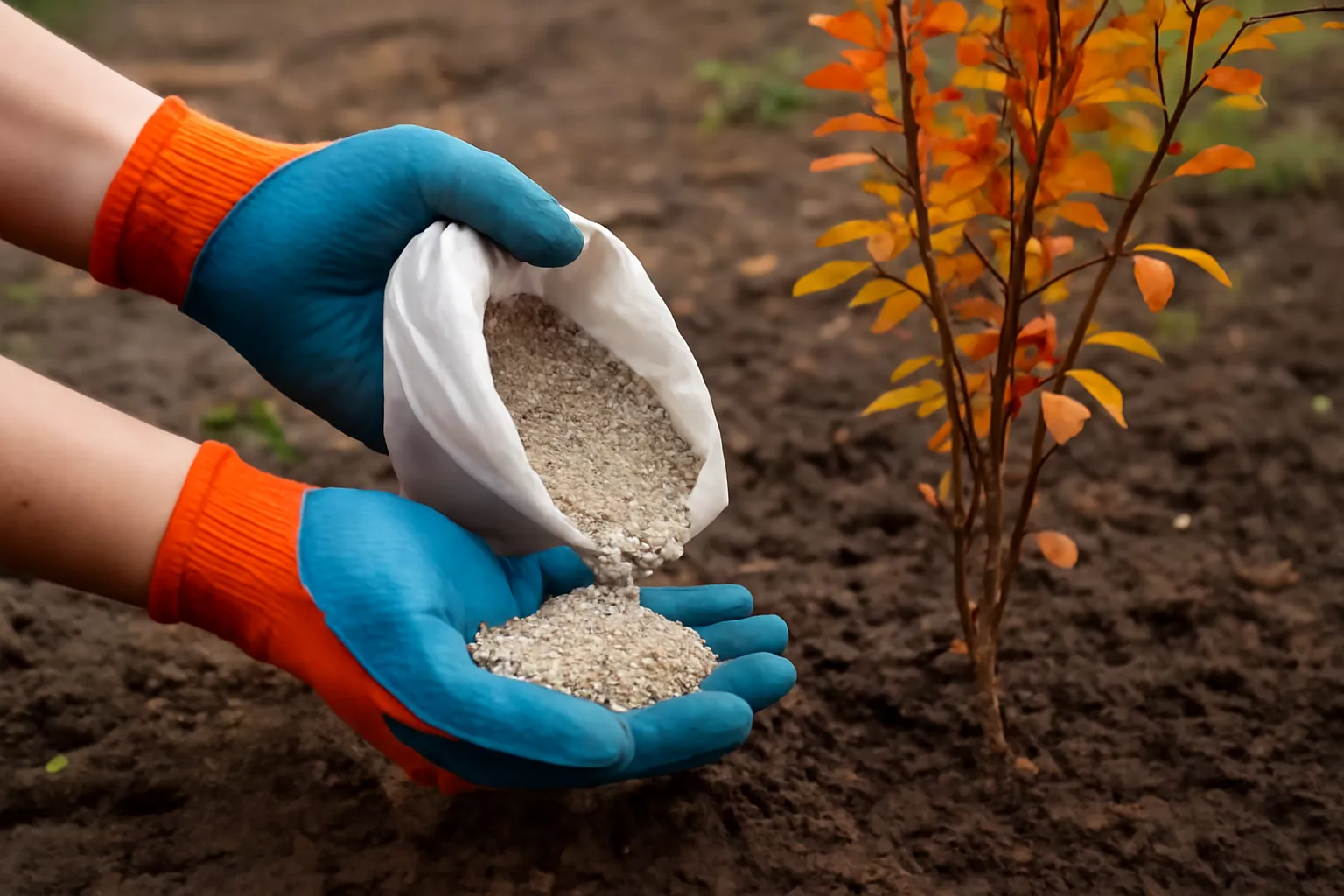 در این تصویر، کشاورز در حال پخش کود گرانولی از یک کیسه سفید رنگ است. دستکش‌های آبی و نارنجی کشاورز قابل مشاهده است. کود به آرامی از کیسه به دست کشاورز ریخته می‌شود و در پس‌زمینه یک درخت با برگ‌های نارنجی رنگ که در حال رشد است دیده می‌شود. خاک مرطوب و تیره رنگ است. www.nahalvand.com