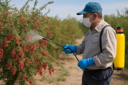 یک کشاورز با لباس ایمنی و ماسک، در حال استفاده از سم‌پاش دستی برای اسپری کردن سم روی بوته‌های زرشک در یک باغ است. درختان زرشک با میوه‌های قرمز و برگ‌های سبز در پس‌زمینه دیده می‌شوند. آسمان صاف و آفتابی است و کشاورز با دقت به شلنگ سم‌پاش نگاه می‌کند www.nahalvand.com