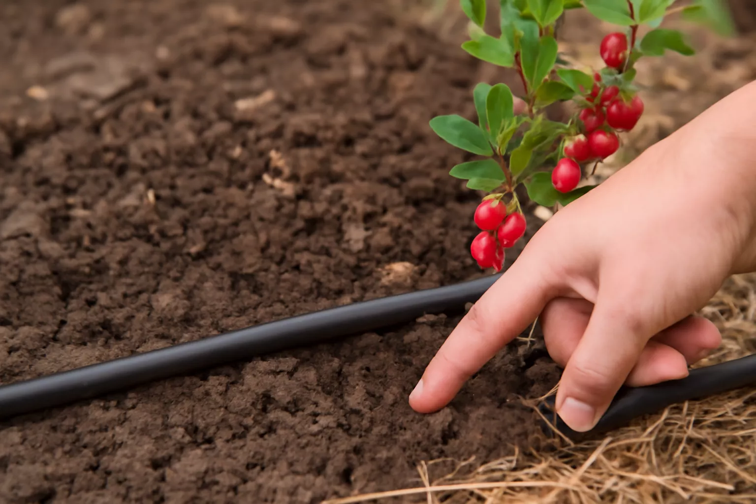 این تصویر نشاندهنده دست یک فرد است که در حال لمس خاک اطراف یک نهال زرشک کوچک با میوههای قرمز روشن است. لوله آبیاری به طور افقی در کنار زمین قرار دارد. زمینه خاکی و خشک است، و نهال در حال رشد در سمت راست تصویر قرار دارد. www.nahalvand.com