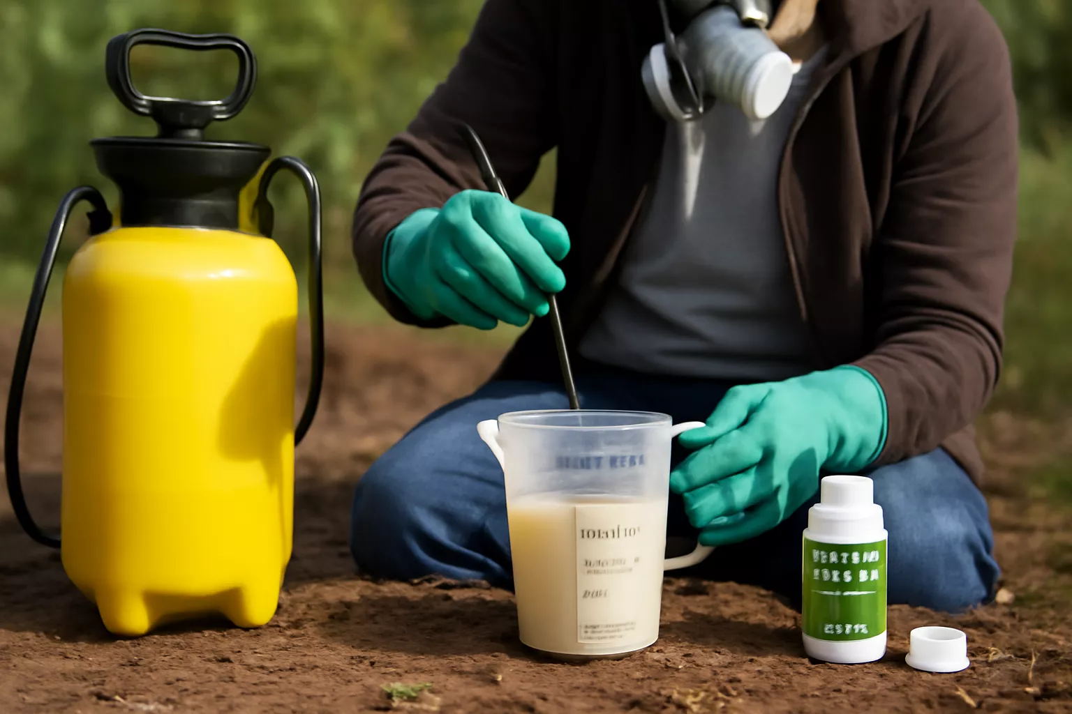 یک فرد در حال مخلوط کردن محلول سم در فضای باز است. این فرد دستکش‌های سبز رنگ پوشیده و یک ماسک تنفسی خاکستری به صورت دارد. سم‌پاش زرد رنگ و یک بطری سم در کنار او قرار دارند. او در حال ریختن سم از بطری به یک لیوان اندازه‌گیری و همزدن آن با یک میله است www.nahalvand.com