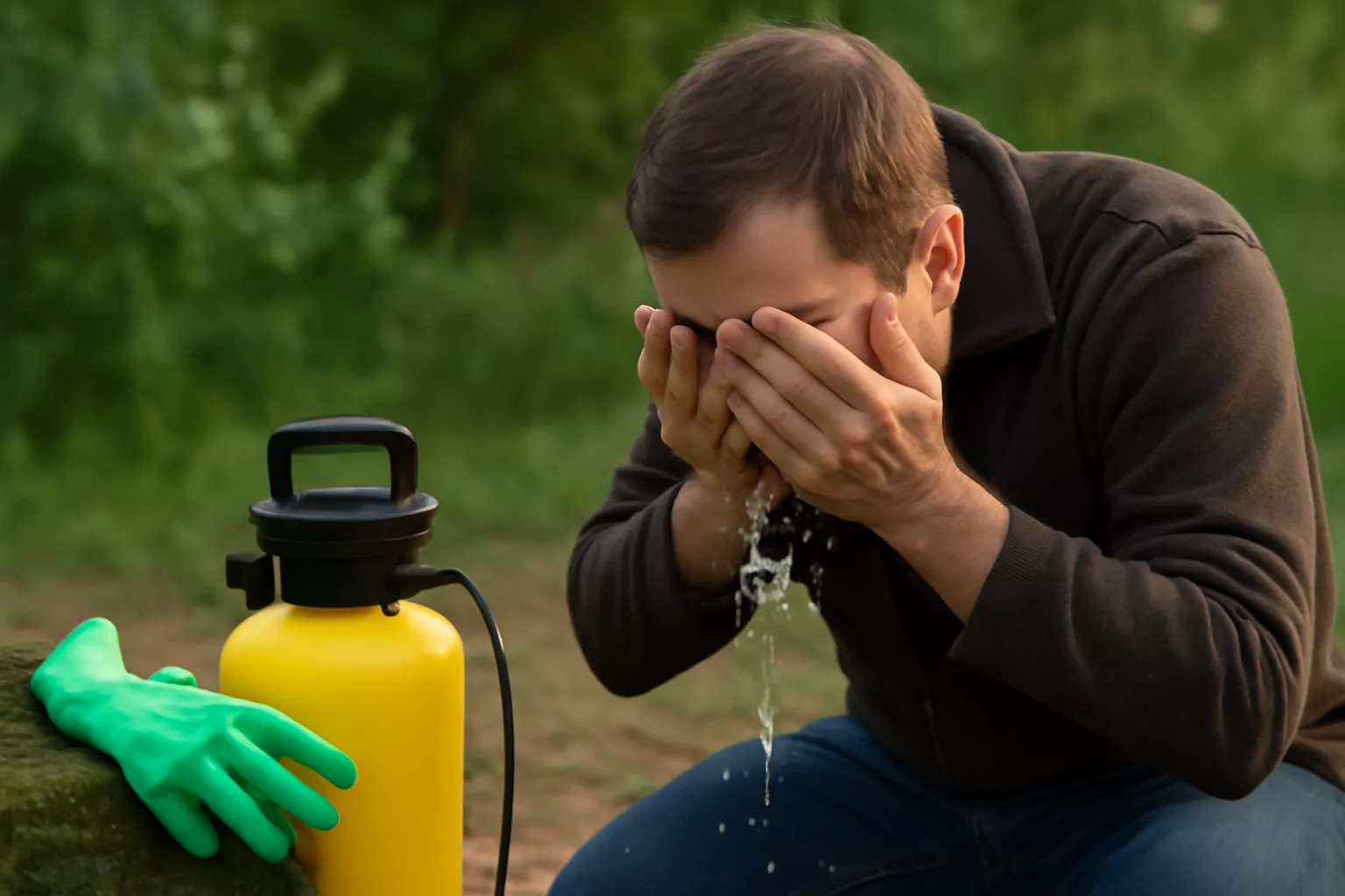یک مرد در حال شستشو دادن صورت خود بعد از سم‌پاشی در فضای باز است. او دستکش‌های سبز رنگ پوشیده و یک سم‌پاش زرد رنگ در کنار او قرار دارد. آب از دست‌هایش به صورتش پاشیده می‌شود www.nahalvand.com