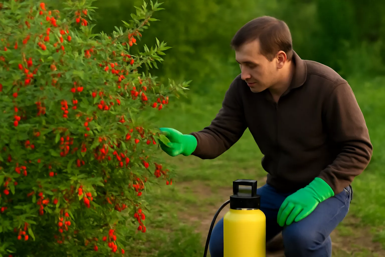 یک مرد در حال بررسی و مراقبت از درختچه گیاه گوجی است که توت‌های قرمز رنگ بر روی شاخه‌ها قرار دارند. او دستکش‌های سبز رنگ پوشیده و سم‌پاش زرد رنگ در کنار او قرار دارد www.nahalvand.com