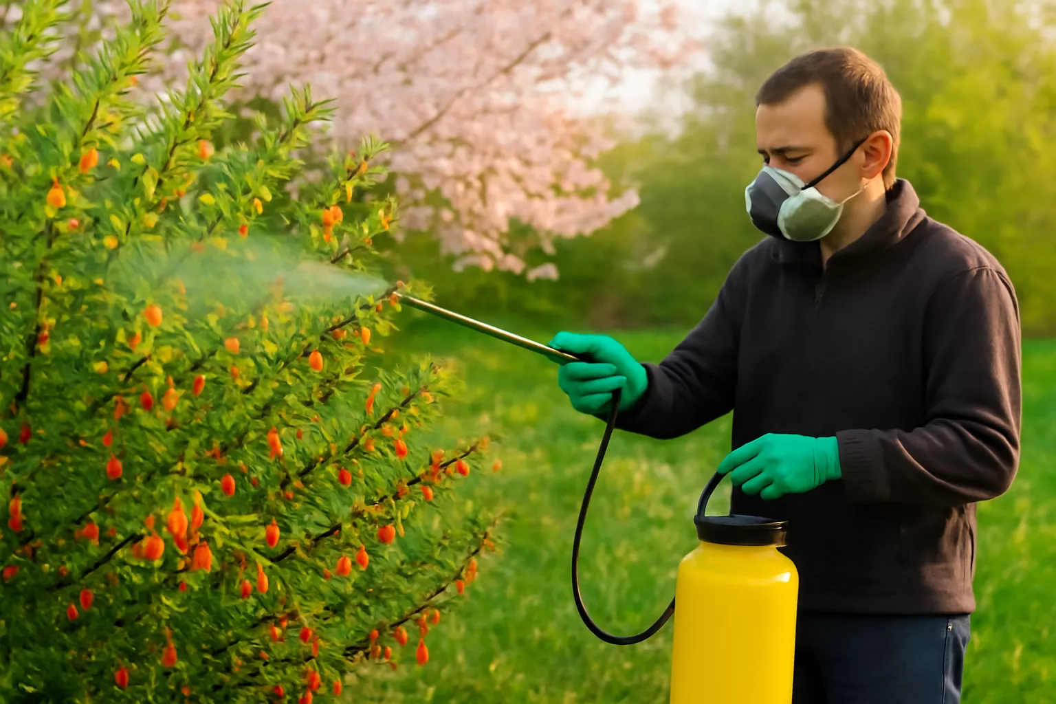 یک مرد با دستکش‌های سبز رنگ و ماسک تنفسی در حال اسپری کردن سم روی درختچه زرشک است که توت‌های قرمز رنگ روی شاخه‌های آن قرار دارند. درختچه در فضای باز و در یک روز بهاری قرار دارد، با پس‌زمینه‌ای از درختان شکوفه‌دار صورتی و سبزی بهاری www.nahalvand.com