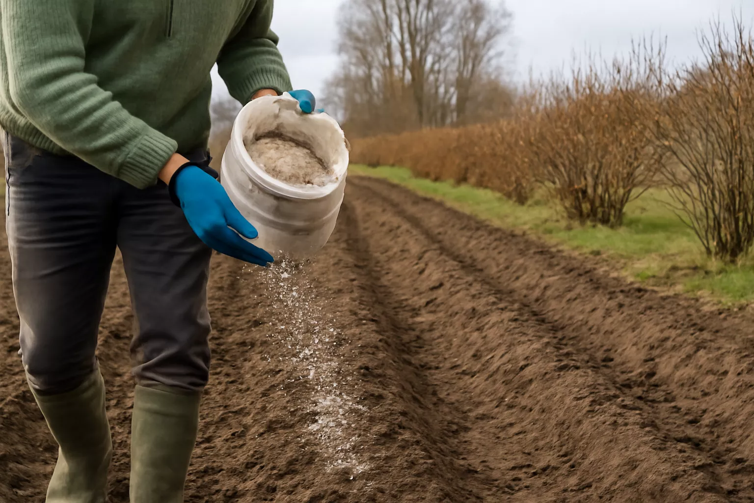 در این تصویر، یک کشاورز در حال پخش کود فسفره روی خاک تازه شخم‌زده است. کشاورز با دستکش‌های آبی از یک سطل سفید پر از کود سفید گرانولی استفاده می‌کند. زمین دارای شیارهای منظم است و درختانی بدون برگ در پس‌زمینه دیده می‌شوند. نور طبیعی از آسمان ابری تابیده و خاک مرطوب و قهوه‌ای رنگ است. www.nahalvand.com