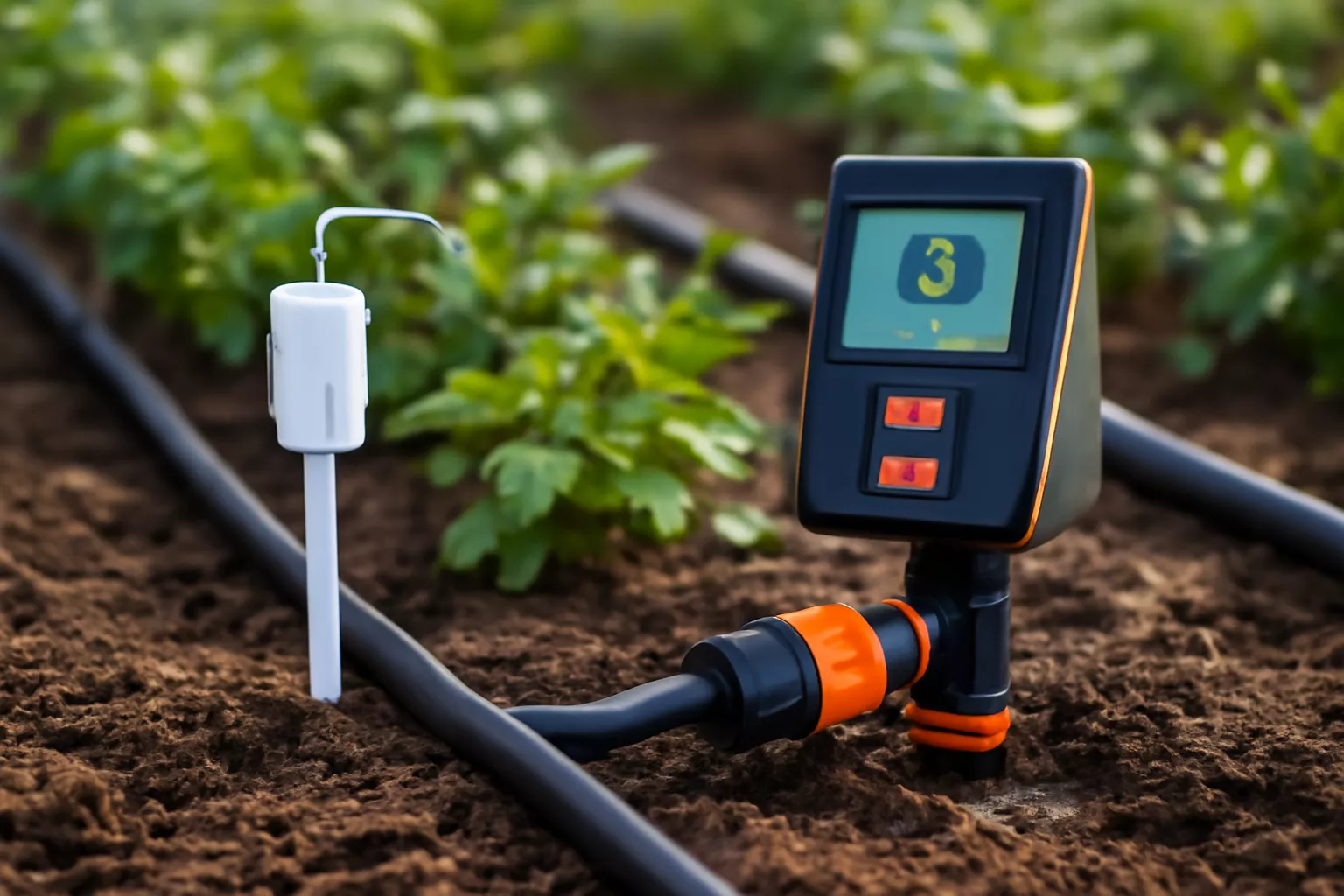 تصویری از سیستم آبیاری هوشمند که شامل یک حسگر رطوبت خاک و یک کنترلر دیجیتال است. حسگر رطوبت خاک در کنار لوله آبیاری قطرهای قرار دارد و نمایشگر کنترلر نشاندهنده سطح رطوبت ۲۹% است www.nahalvand.com