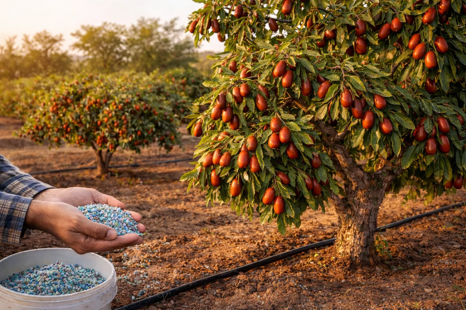 یک باغبان در حال کوددهی به درخت عناب است که میوههای رسیده و قهوهای رنگ آن به طور برجسته روی درختها نمایان است. نور گرم طلایی غروب، سایه درختان و خاک آماده کشت را به زیبایی نمایان میکند. درختان با میوههای پرپشت در پسزمینه به صف ایستادهاند و لولههای آبیاری در زمین دیده میشود www.nahalvand.com