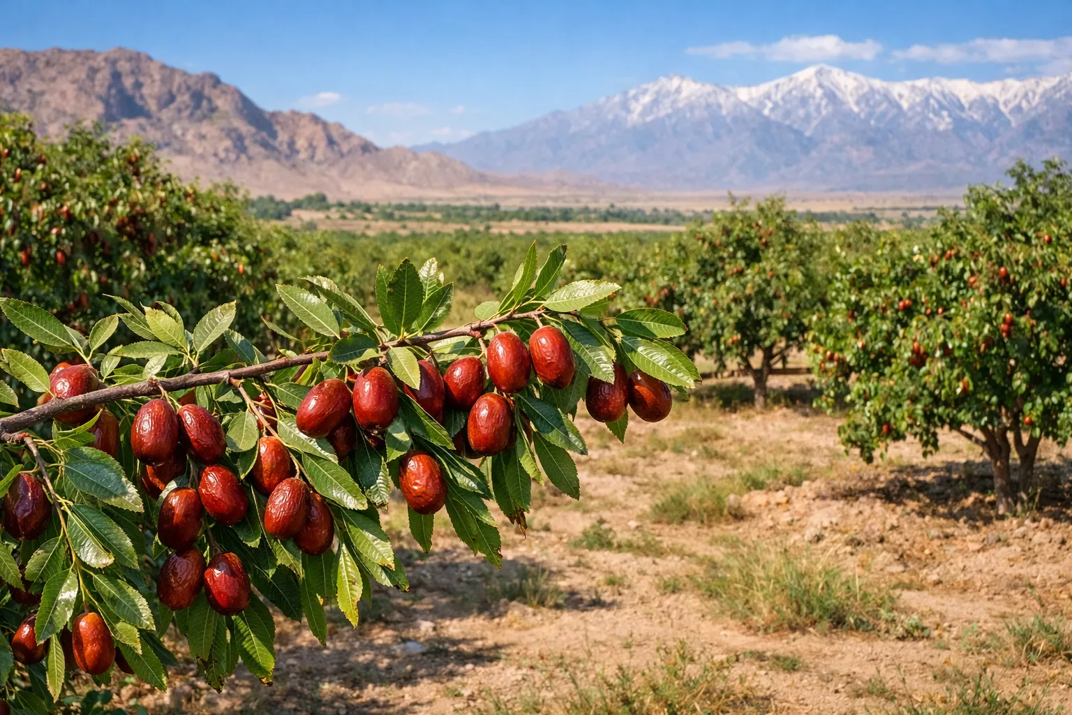 تصویری از یک باغ عناب در ایران، با درختانی پوشیده از میوههای رسیده و نمای زیبای کوههای پوشیده از برف در پسزمینه. www.nahalvand.com