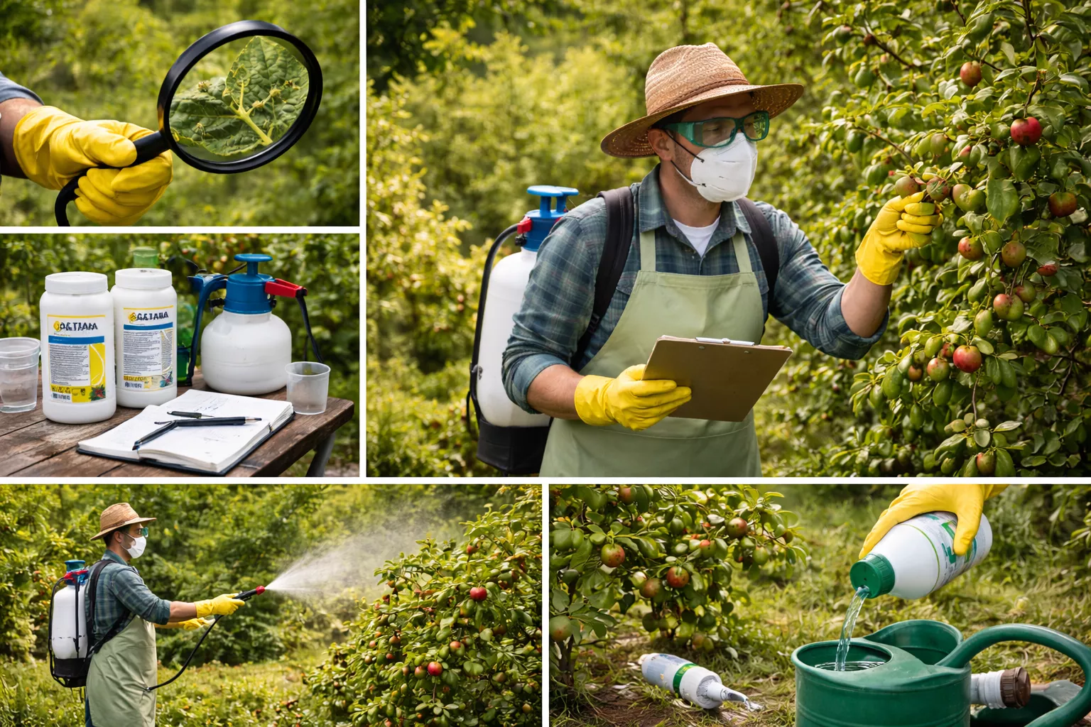 این تصویر نمایی از یک کشاورز است که در حال رسیدگی به نهالهای عناب در یک باغ است. او در حال بررسی دقیق درختان و همچنین سمپاشی آنها با یک سمپاش پشتپشتی است. در کنار او، وسایل مختلفی مانند دفتر یادداشت، سموم و ذرهبین برای بررسی آفات قرار دارند. www.nahalvand.com
