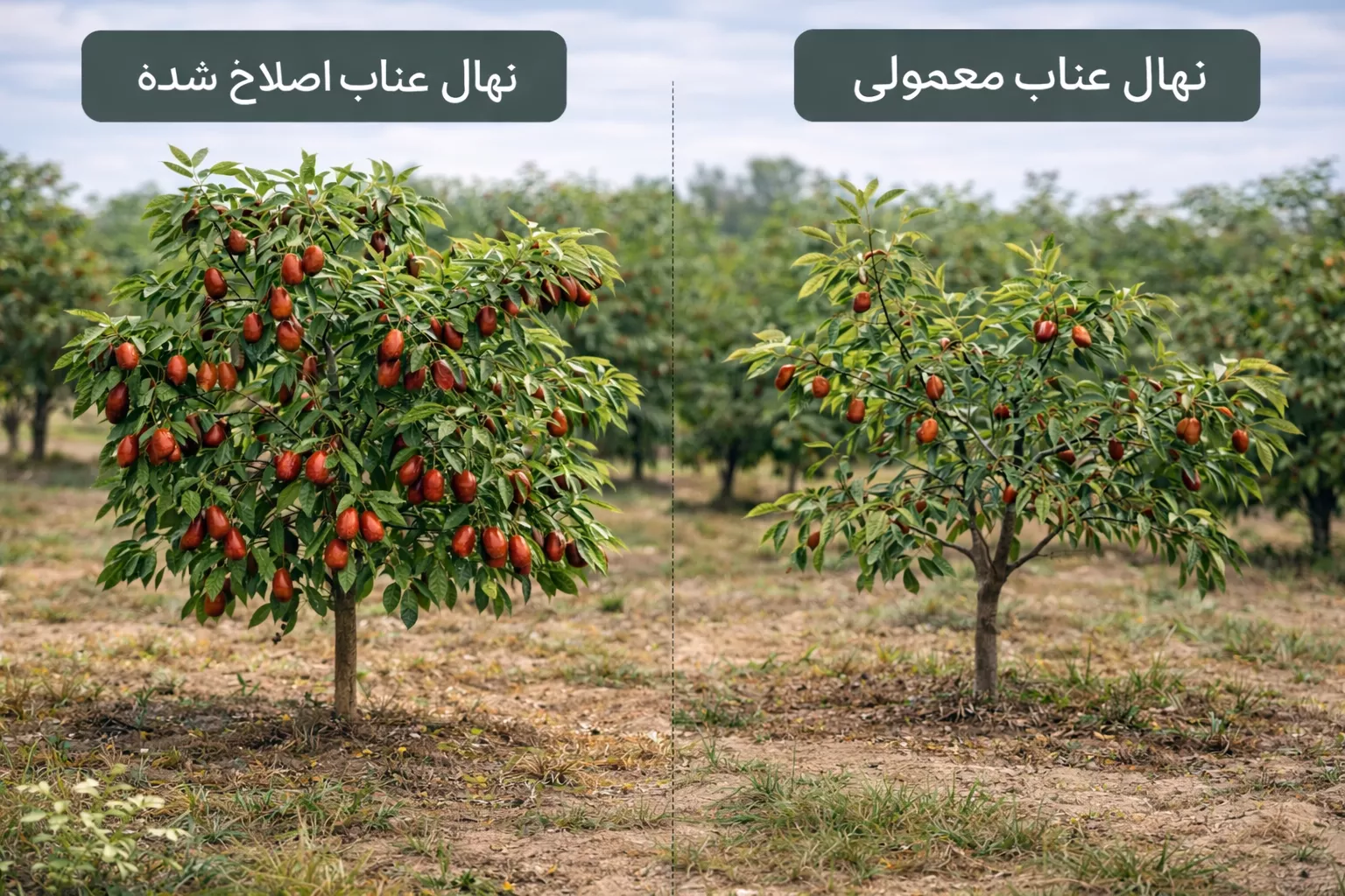 تصویری از نهال عناب اصلاحشده با میوههای رسیده و برگهای سبز درخشان، در حالی که درخت در محیطی طبیعی و آرام قرار دارد. www.nahalvand.com