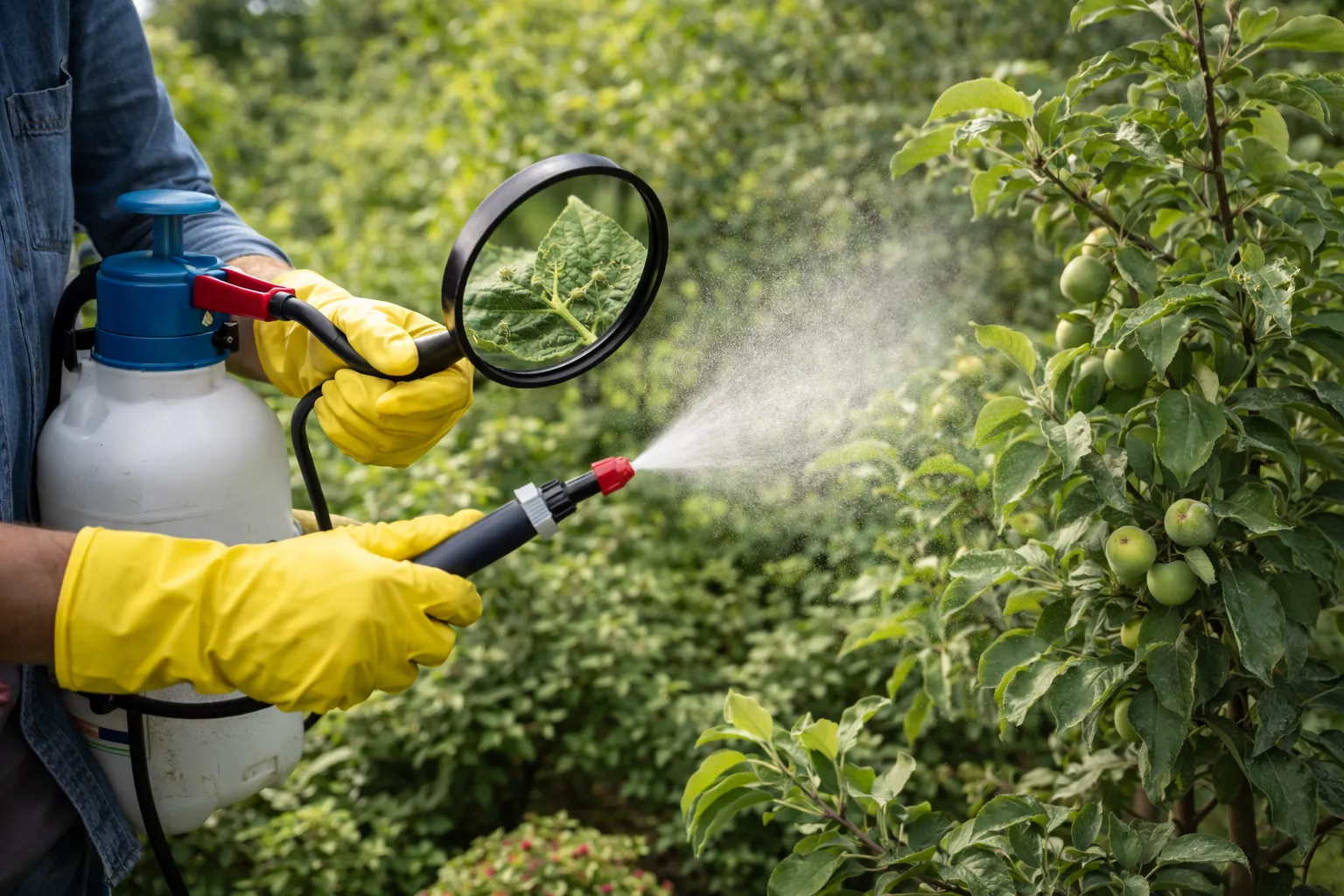 این تصویر نمایی از یک فرد است که در حال بررسی دقیق برگ یک درخت میوه با استفاده از ذرهبین است تا آفات را شناسایی کند. در دست دیگر، او در حال استفاده از سمپاش برای اسپری کردن سم بر روی درختان است. در پسزمینه، درختان پر از میوه به وضوح دیده میشوند. www.nahalvand.com