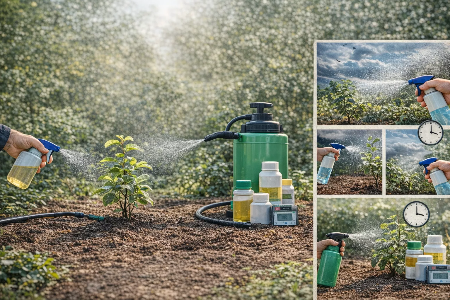 این تصویر نشاندهنده یک باغ در فضای باز است که در آن یک نهال با دقت سمپاشی میشود. در کنار تصویر اصلی، اشتباهات رایج در زمانبندی سمپاشی مانند سمپاشی در باد، قبل از باران، یا در گرمای ظهر نشان داده شده است www.nahalvand.com