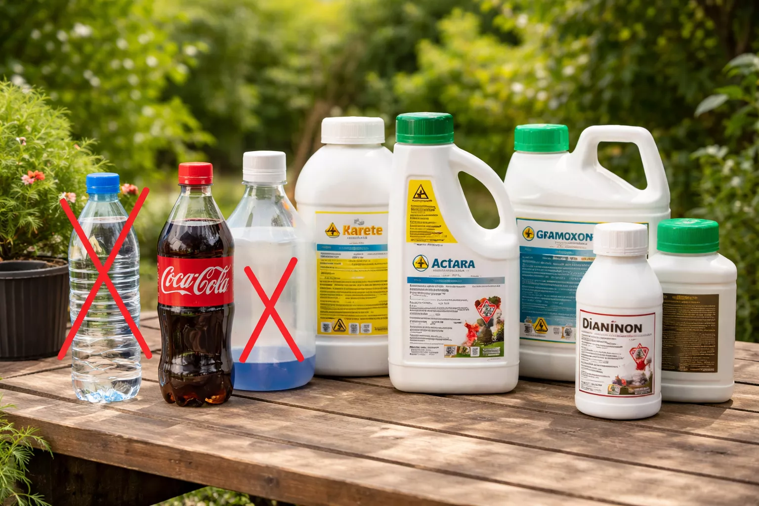 این تصویر نمایی از ظروف سموم کشاورزی در یک باغ است. برخی از ظروف که به اشتباه برای نگهداری سم استفاده شدهاند، مانند بطریهای نوشابه و آب، با علامت ضربدر قرمز مشخص شدهاند. ظروف درست با برچسبهای هشدار و اطلاعات مربوط به مواد شیمیایی صحیح مانند «اکتارا» و «گراموکسون» نمایش داده شدهاند. www.nahalvand.com